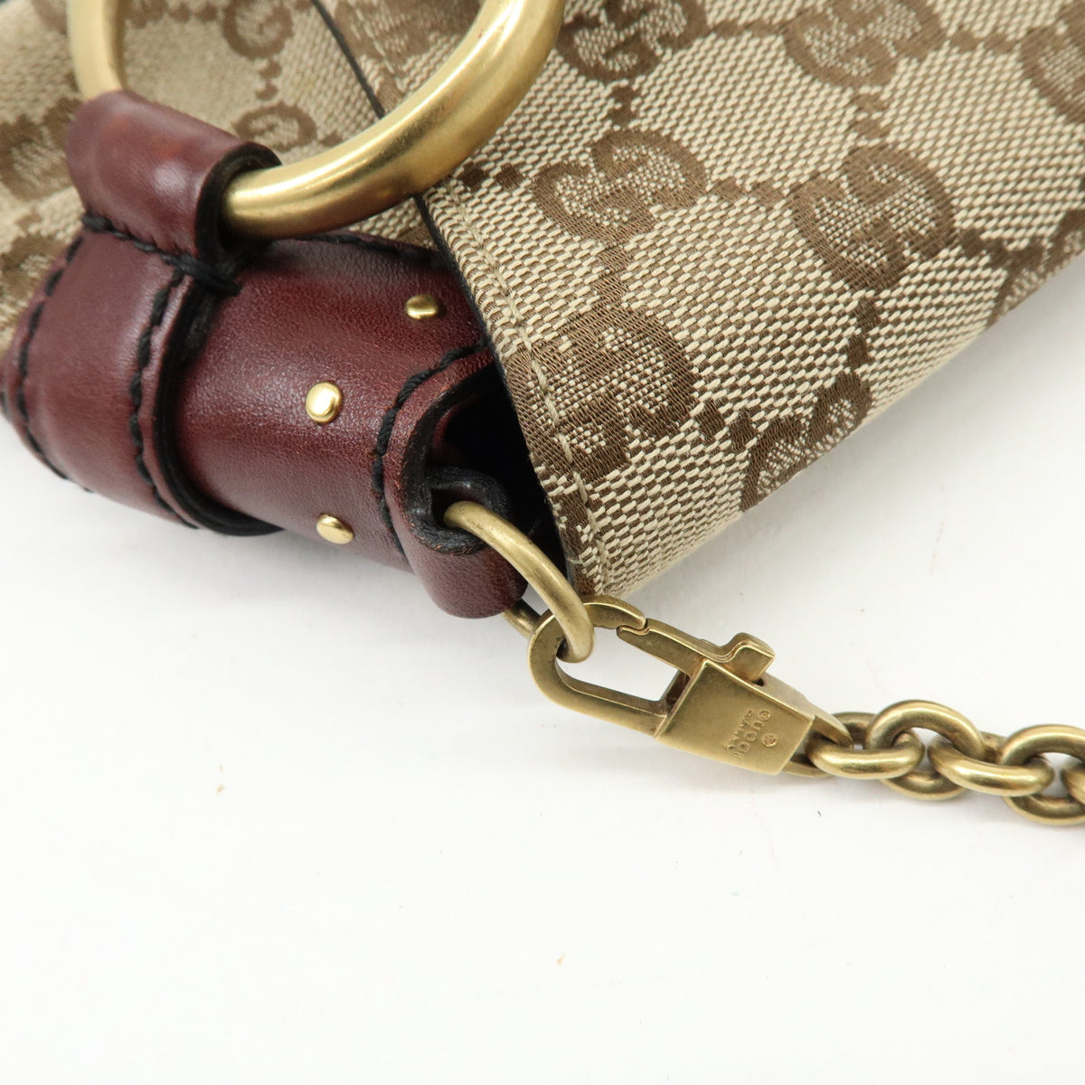 GUCCI Horsebit GG Canvas Leather Chain Hand Bag Brown Bordeaux 119186