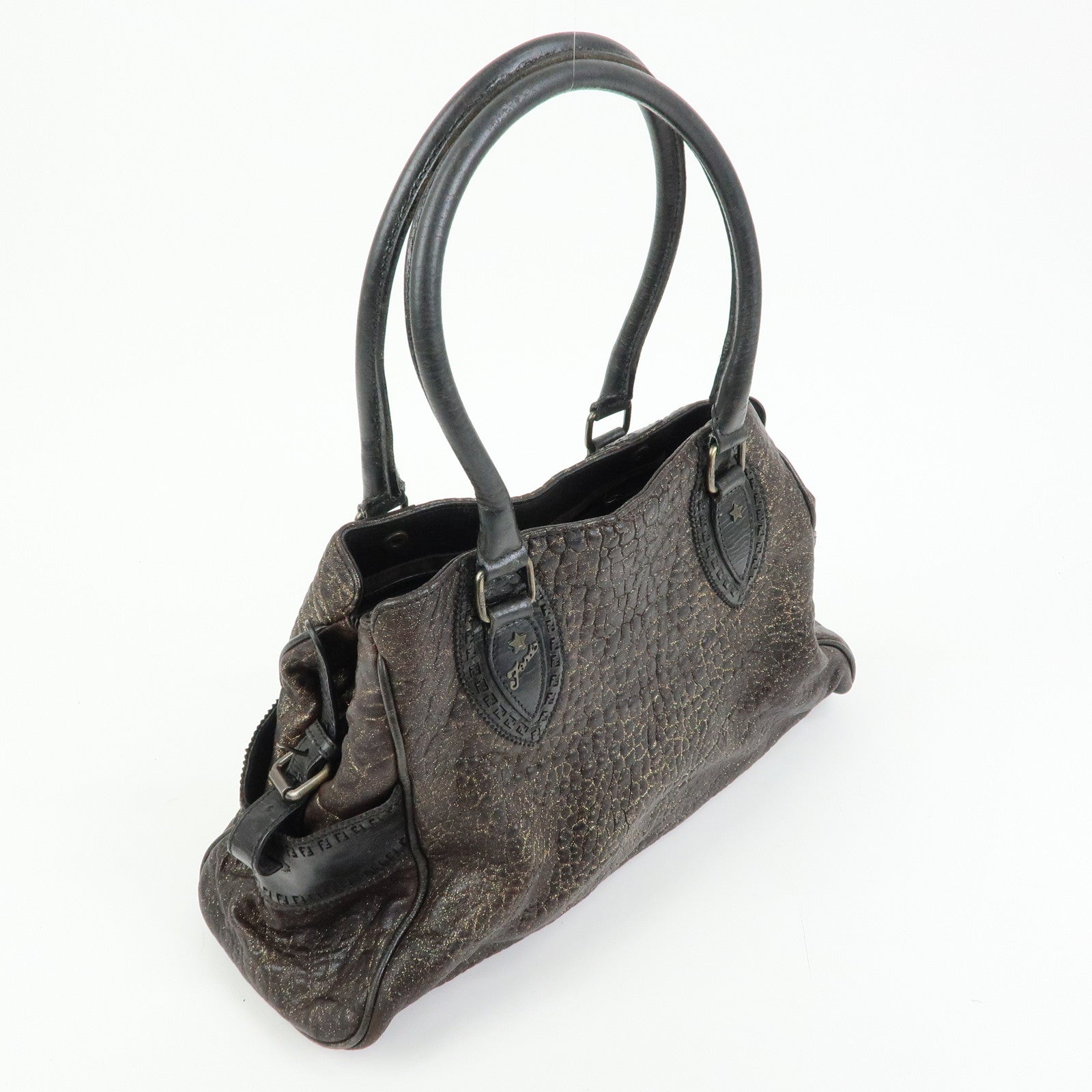 FENDI Etnico Embossed Leather Tote Bag Shoulder Bag Brown Gold 8BN162