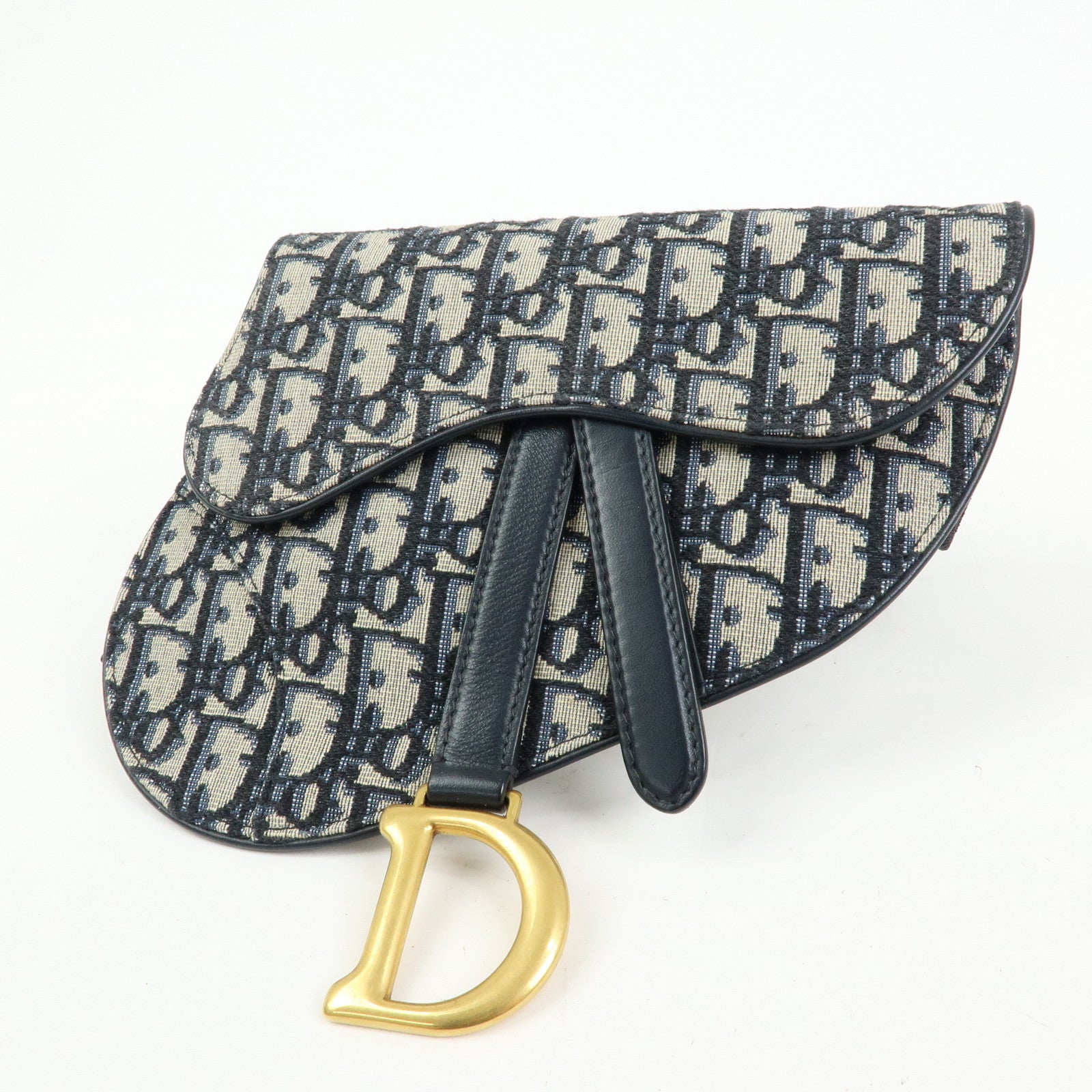 Christian Dior Oblique Jacquard Leather Saddle Bag Waist Body Bag Navy