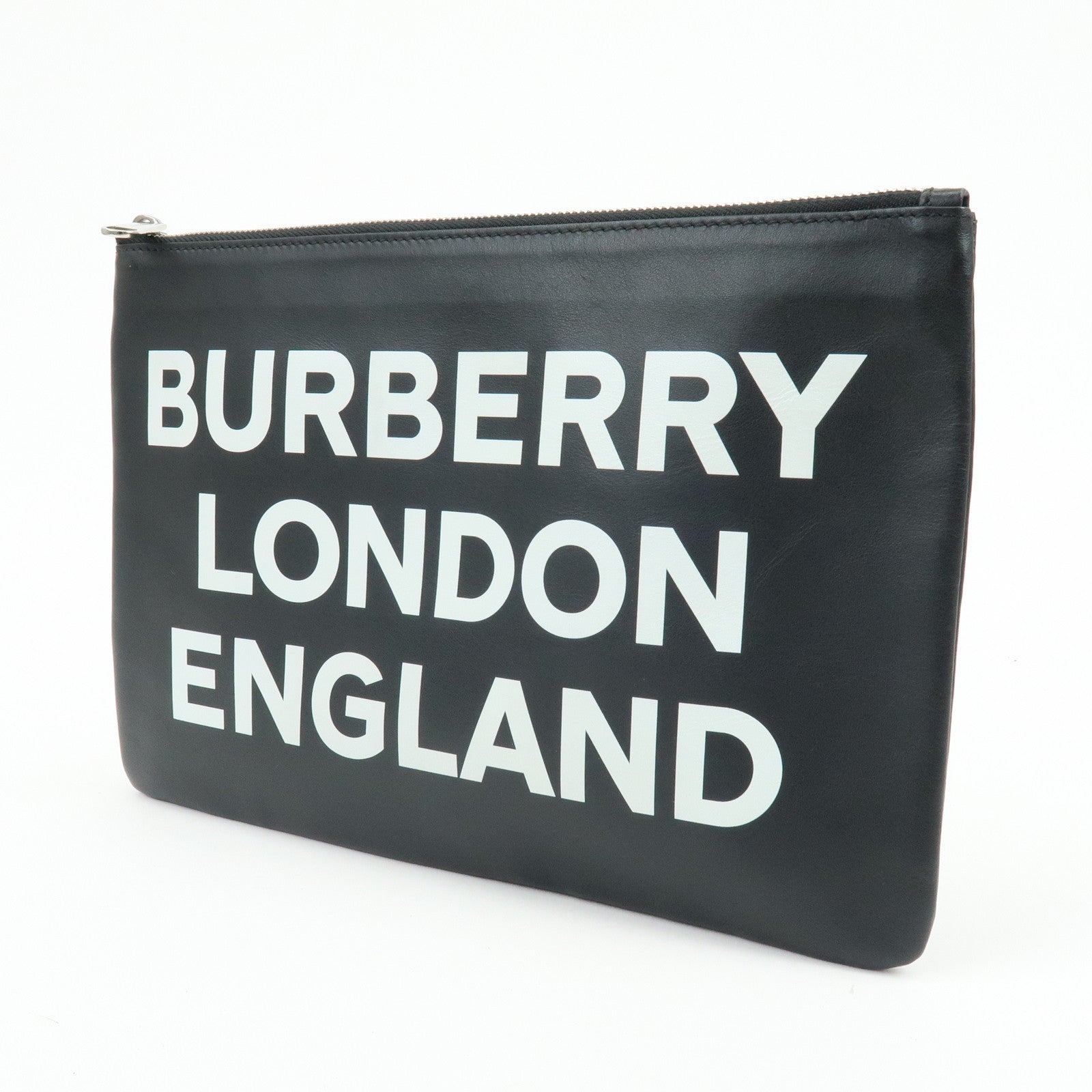 BURBERRY Leather Clutch Bag Flat Pouch Black