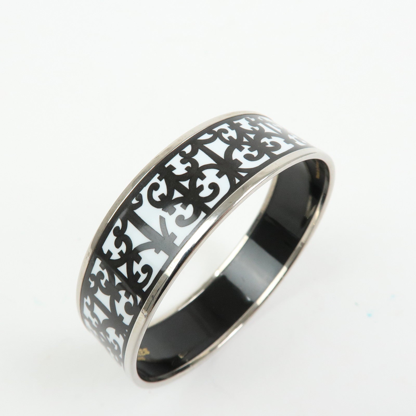 HERMES Email GM Silver Plated Guadalquivir Bangle Bracelet White Black
