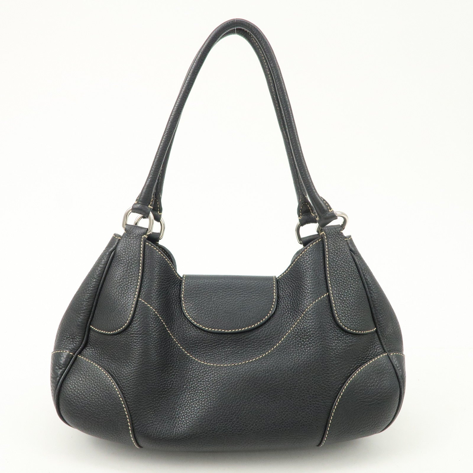 PRADA Logo Leather Shoulder Bag Hand Bag Black Silver Hardware