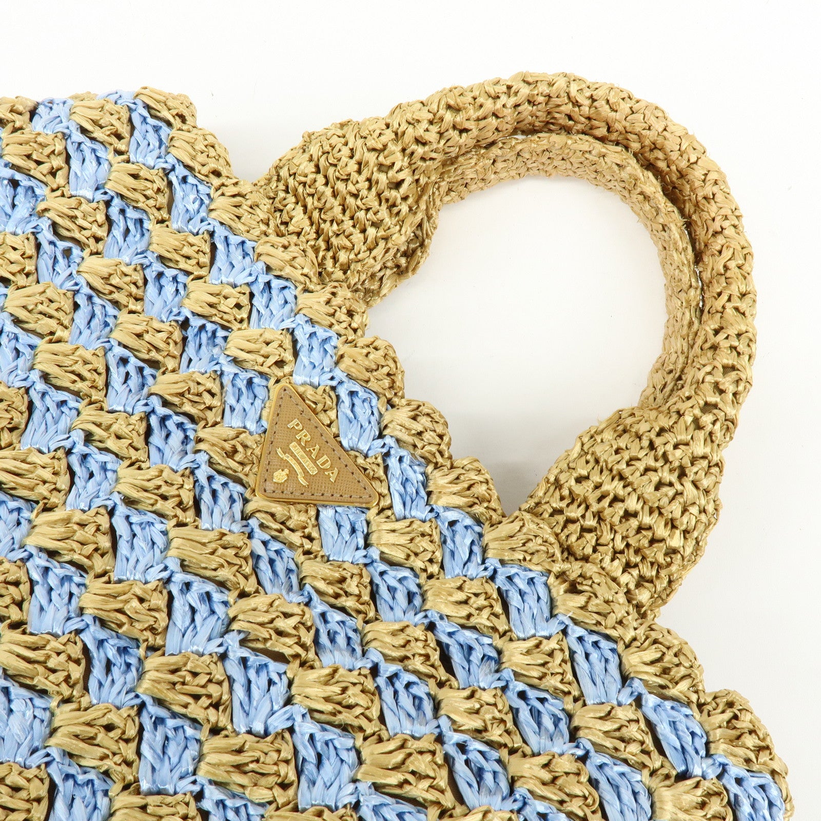 PRADA Traingle Logo Canapa Raffia Tote Bag Hand Bag Natural Blue