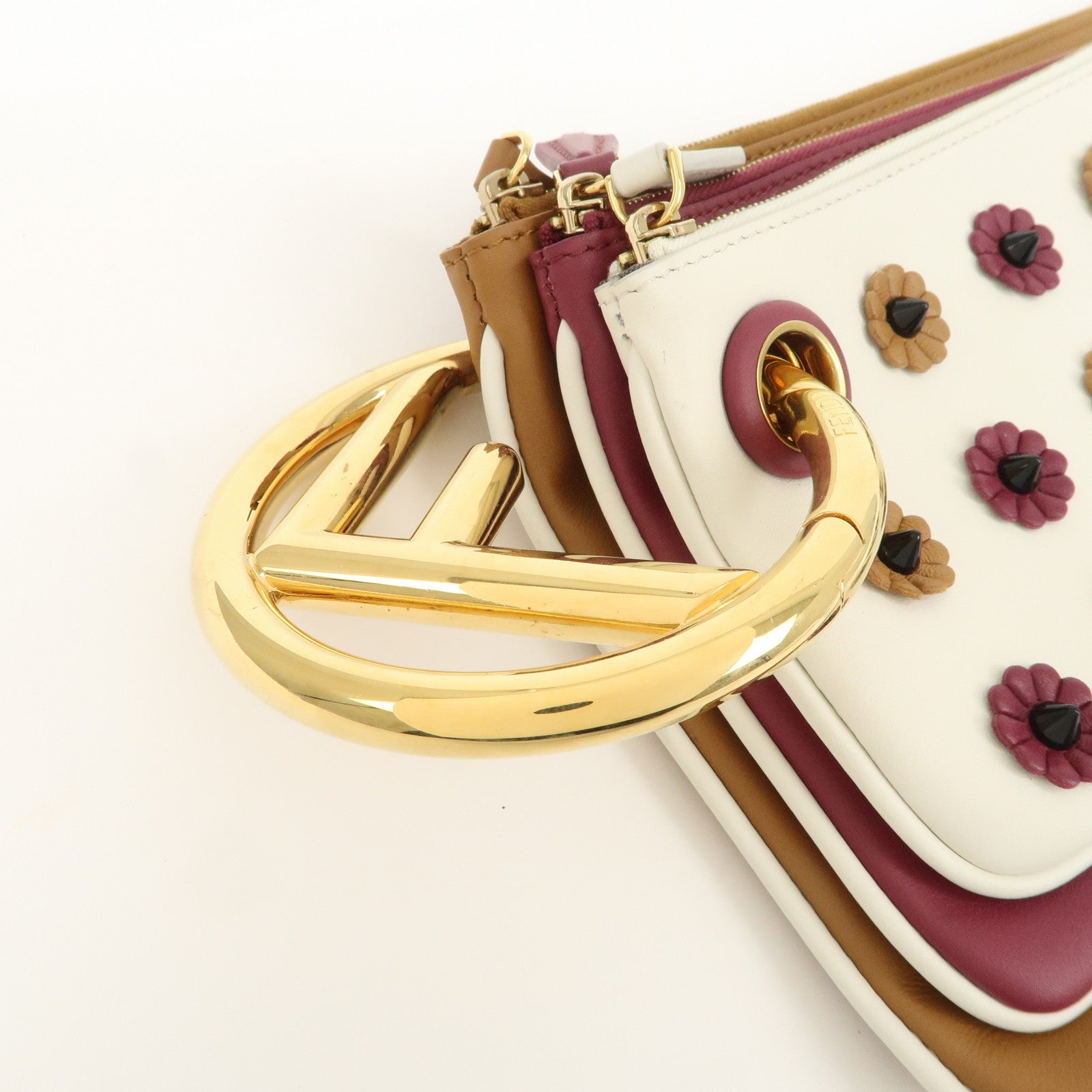FENDI Leather Flower Studs Triplet Pouch Hand Bag 8BS001 Used