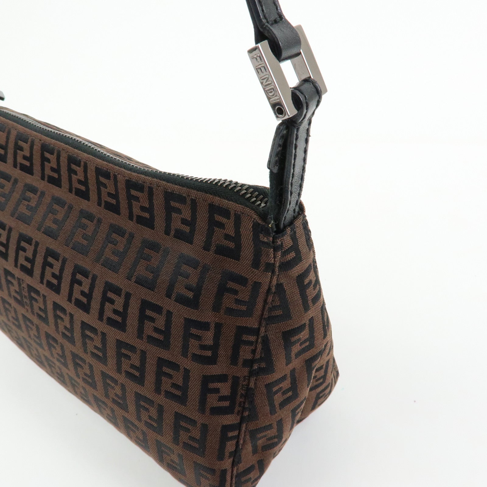 FENDI Zucchino Canvas Leather Shoulder Bag Brown Black 8BR267