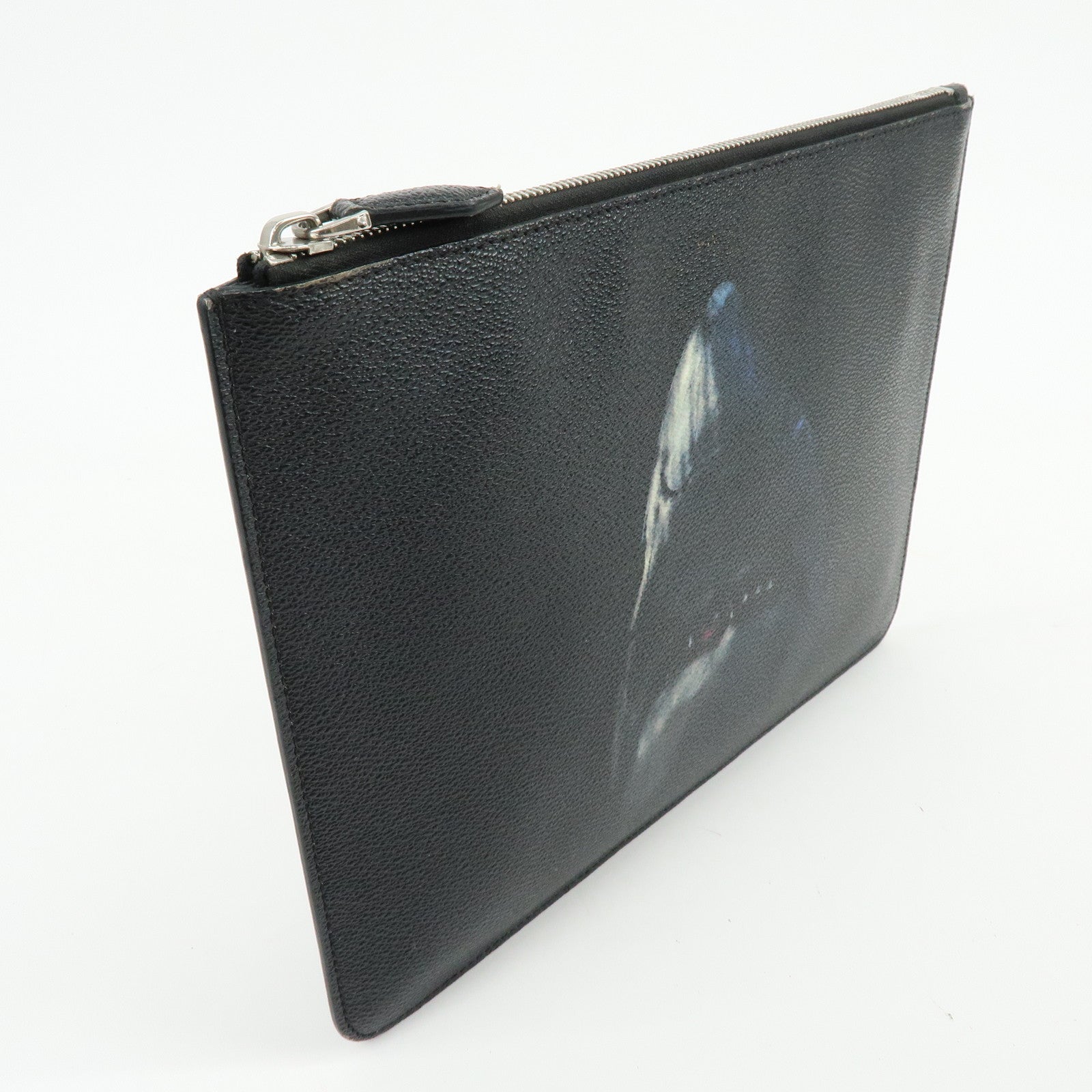 GIVENCHY Shark Print Leather Clutch Bag Flat Pouch Black