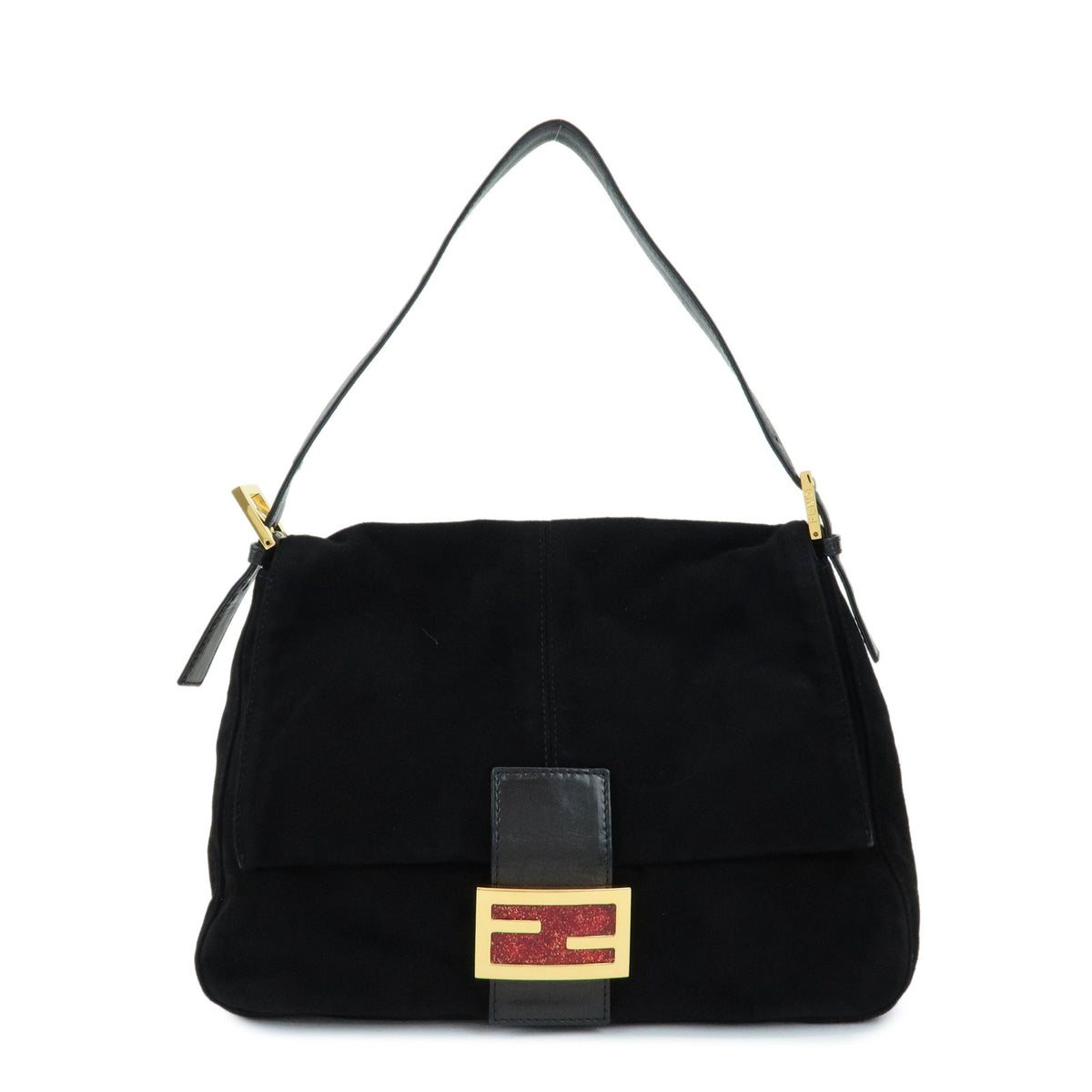 FENDI Mamma Baguette Suede Leather Shoulder Bag Black 26325