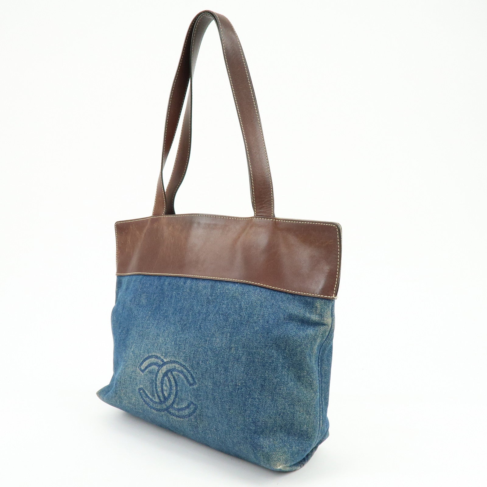 CHANEL COCO Mark Denim Leather Tote Shoulder Bag Blue Brown