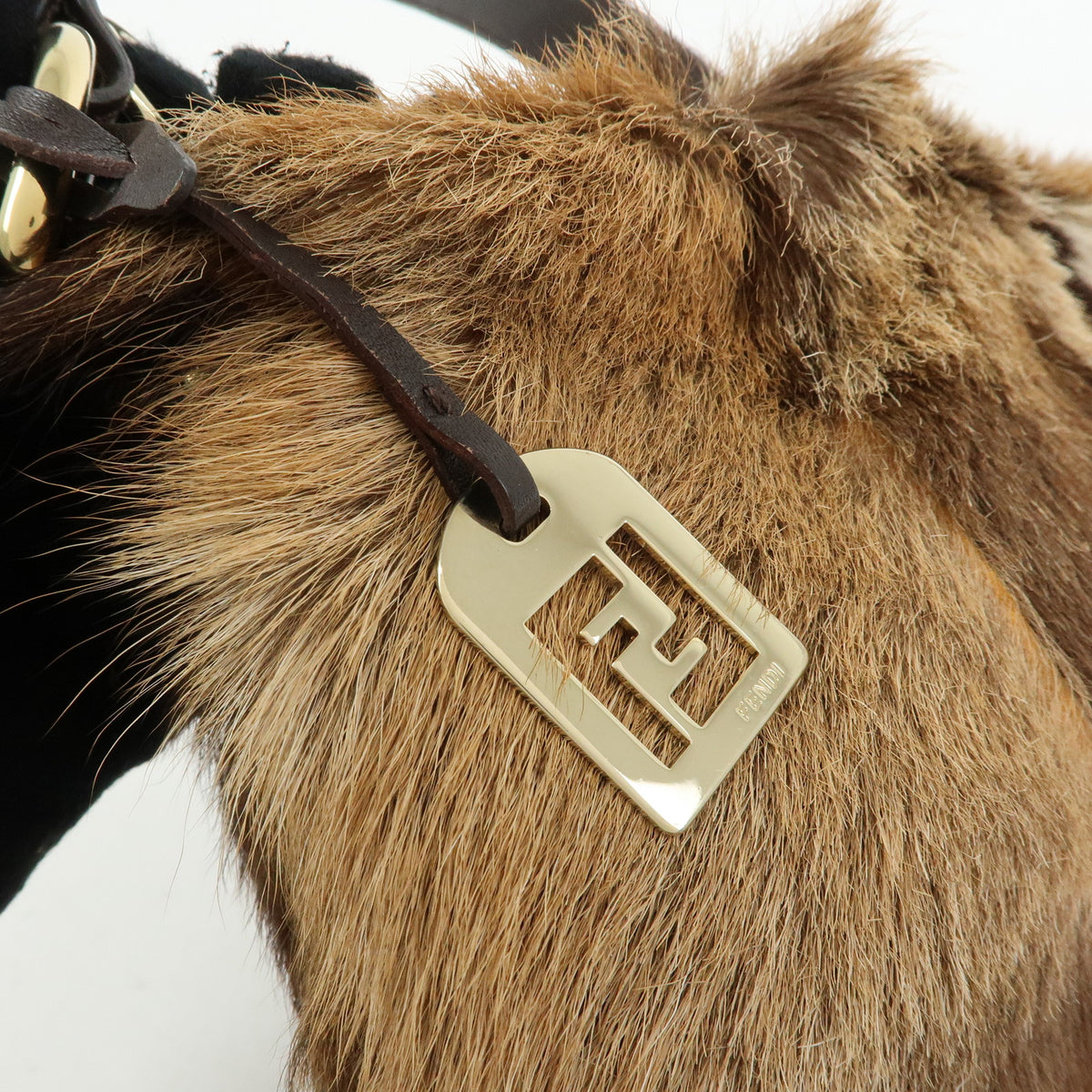 FENDI Fur Leather Shoulder Bag Hand Bag Brown 8BR349