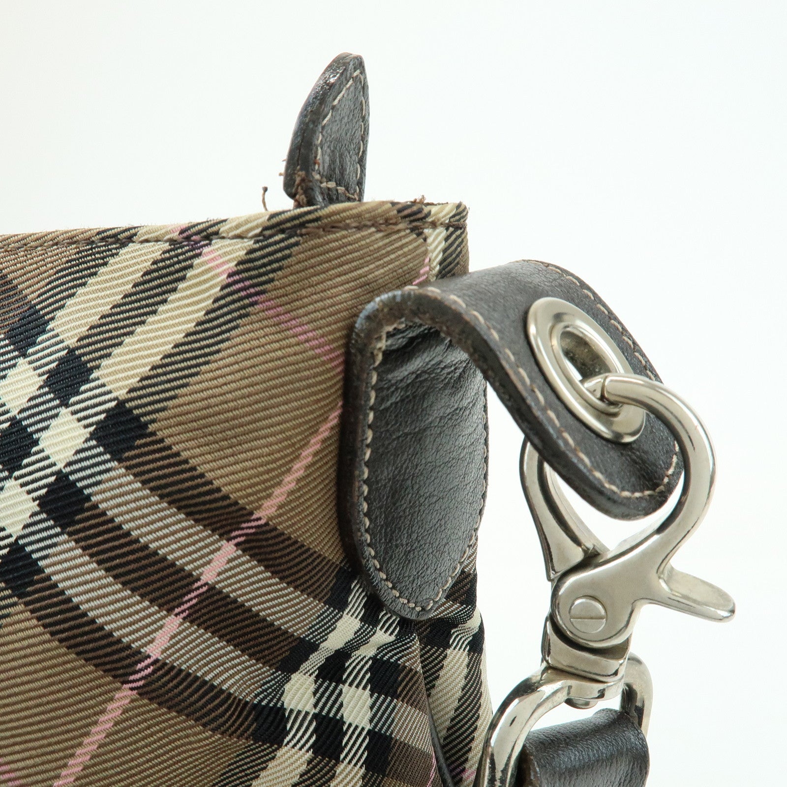 BURBERRY Nova Plaid Blue Label Canvas Leather Shoulder Bag Brown