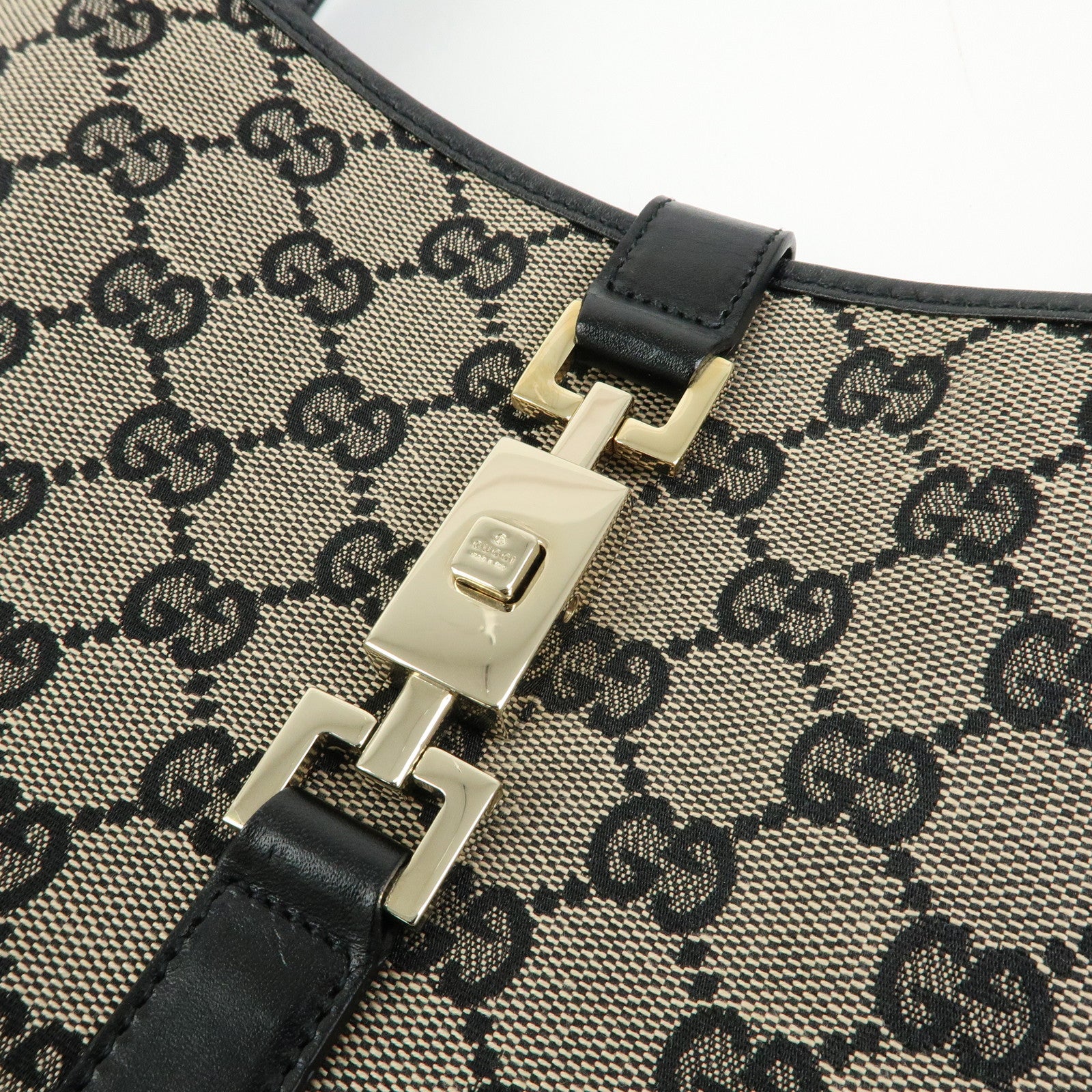GUCCI Jackie GG Canvas Leather Shoulder Bag Beige Black 0013306