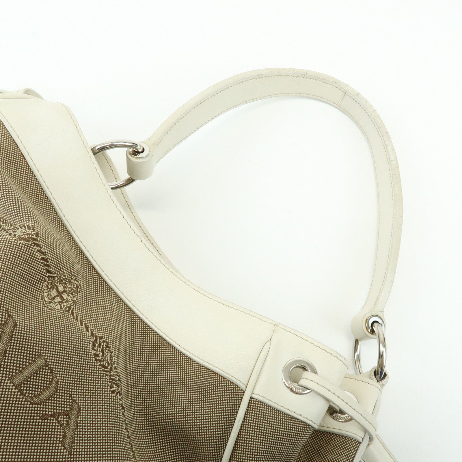 PRADA Triangle Logo Nylon Jacquard Leather Shoudler Bag Beige Ivory