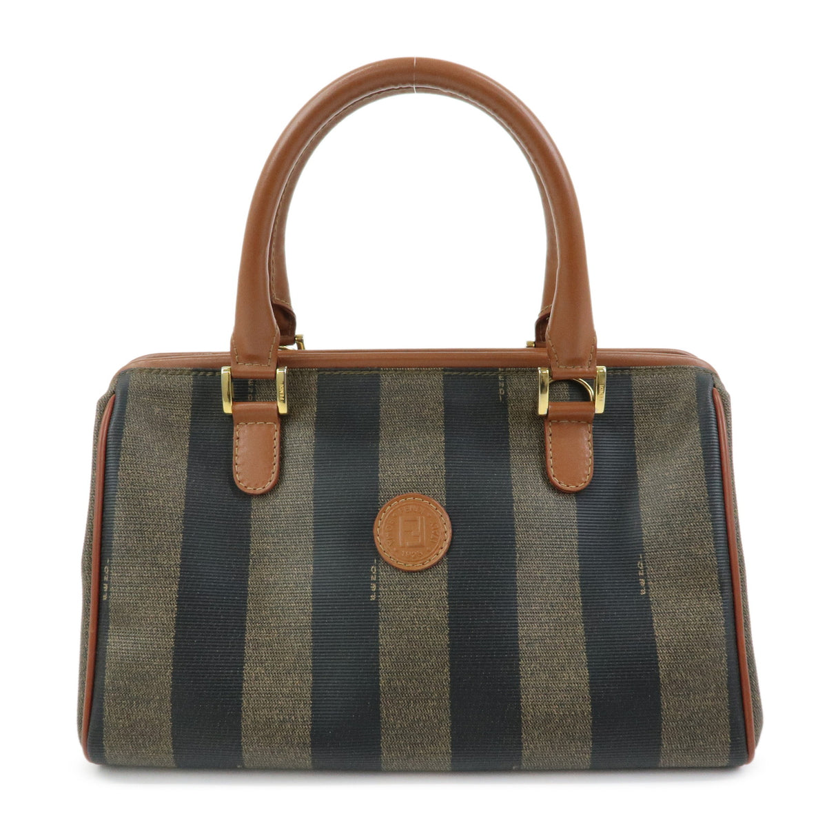 FENDI Pequin PVC Leather Boston Bag Hand Bag Brown Beige Black