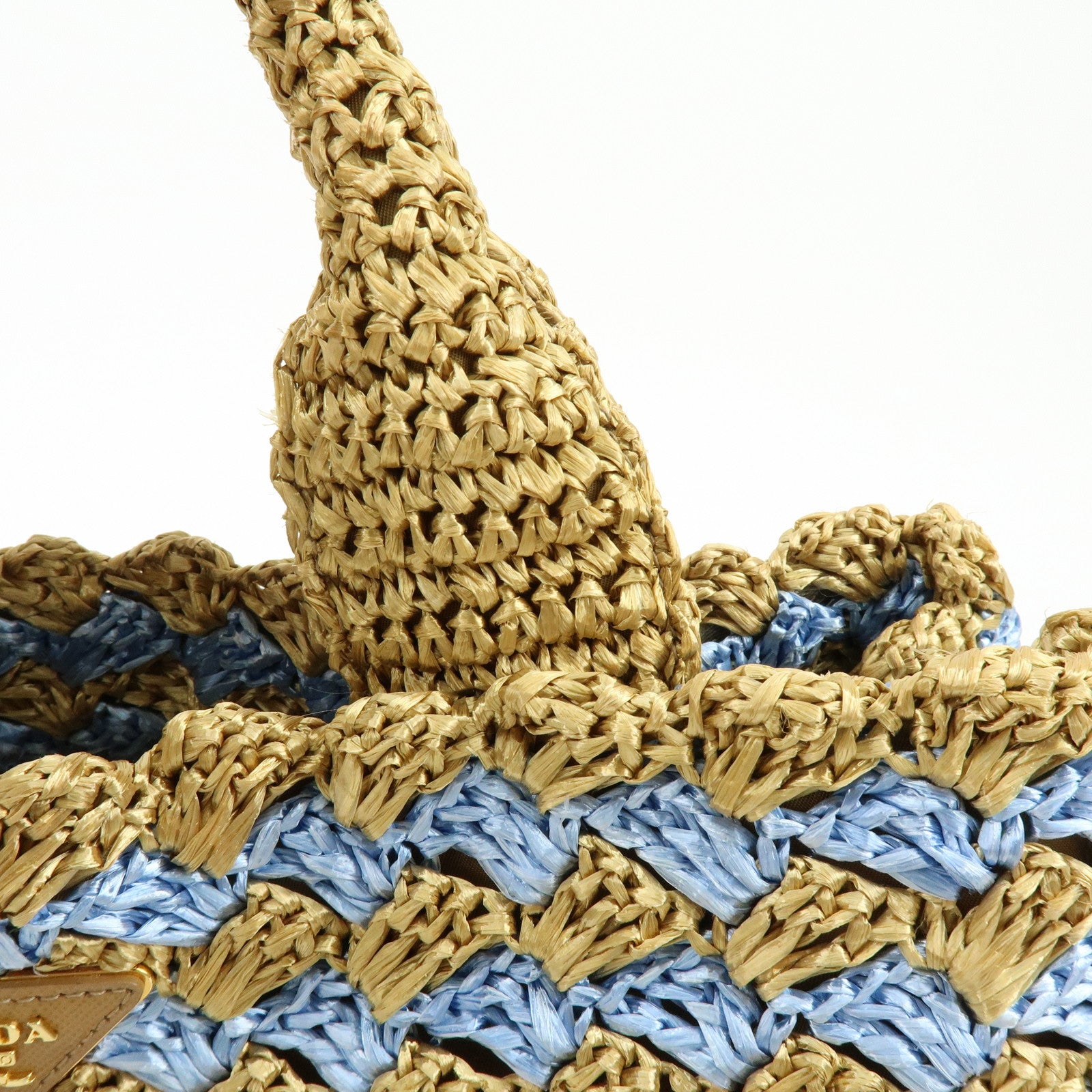 PRADA Traingle Logo Canapa Raffia Tote Bag Hand Bag Natural Blue