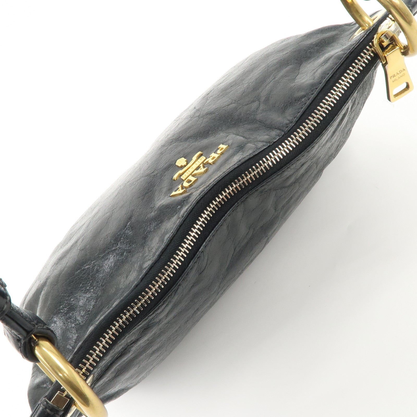 PRADA Logo Leather Shoulder Bag Hand Bag Gold Hardware Black Used