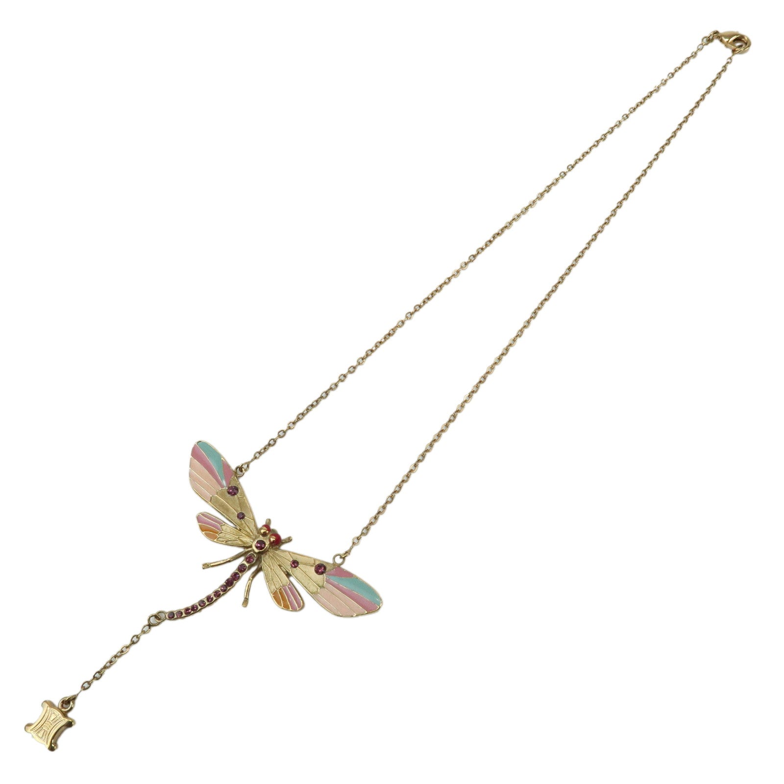 CELINE Macadam Metal Rhinestone Dragonfly Motif Necklace Gold