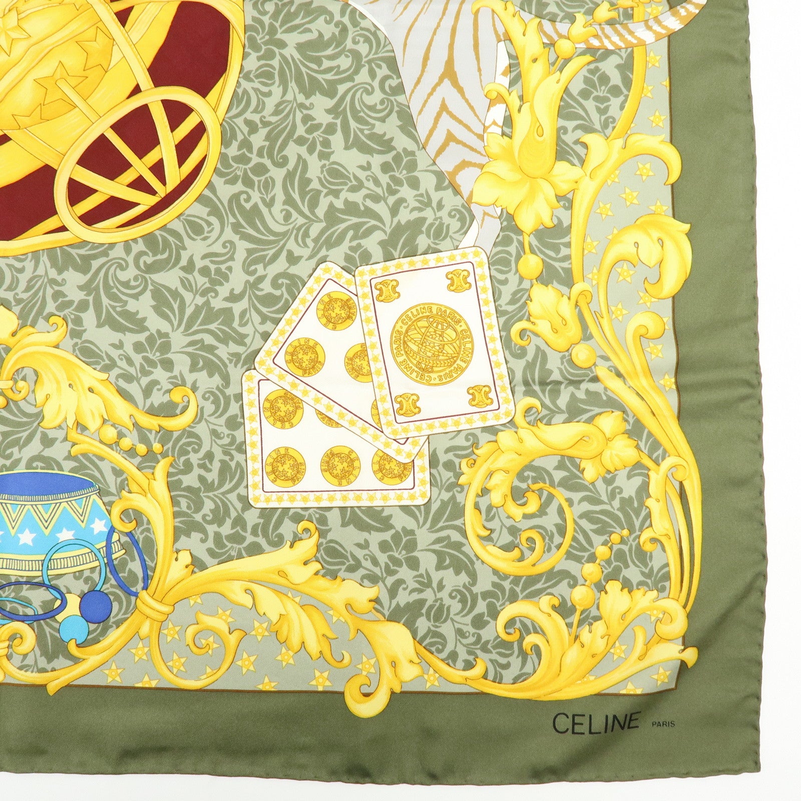 CELINE Silk100% Tiger Print Baroque Motif Scarf Shawl Green Yellow