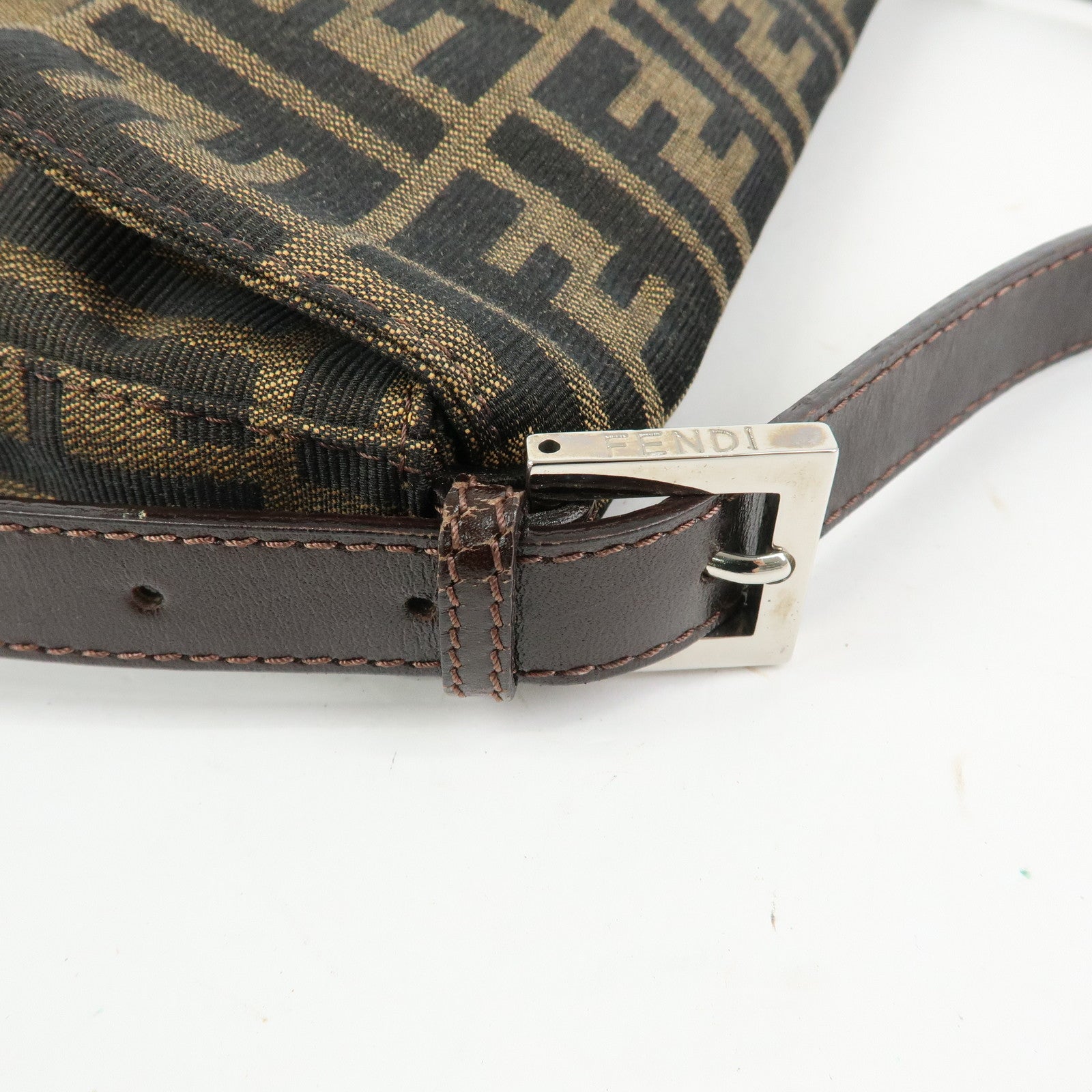 FENDI Mamma Baguette Zucca Canvas Leather Shoulder Bag Brown 26424