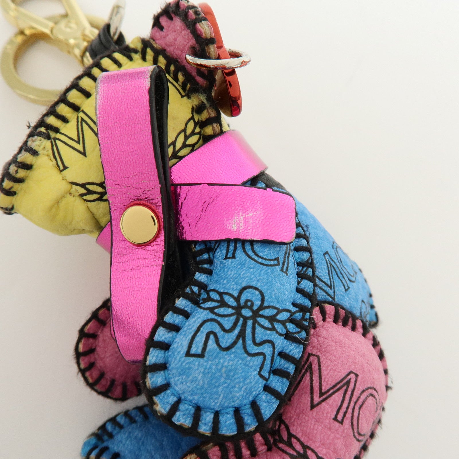 MCM Visetos Bear Leather Bag Charm Key Chain Yellow Pink Blue