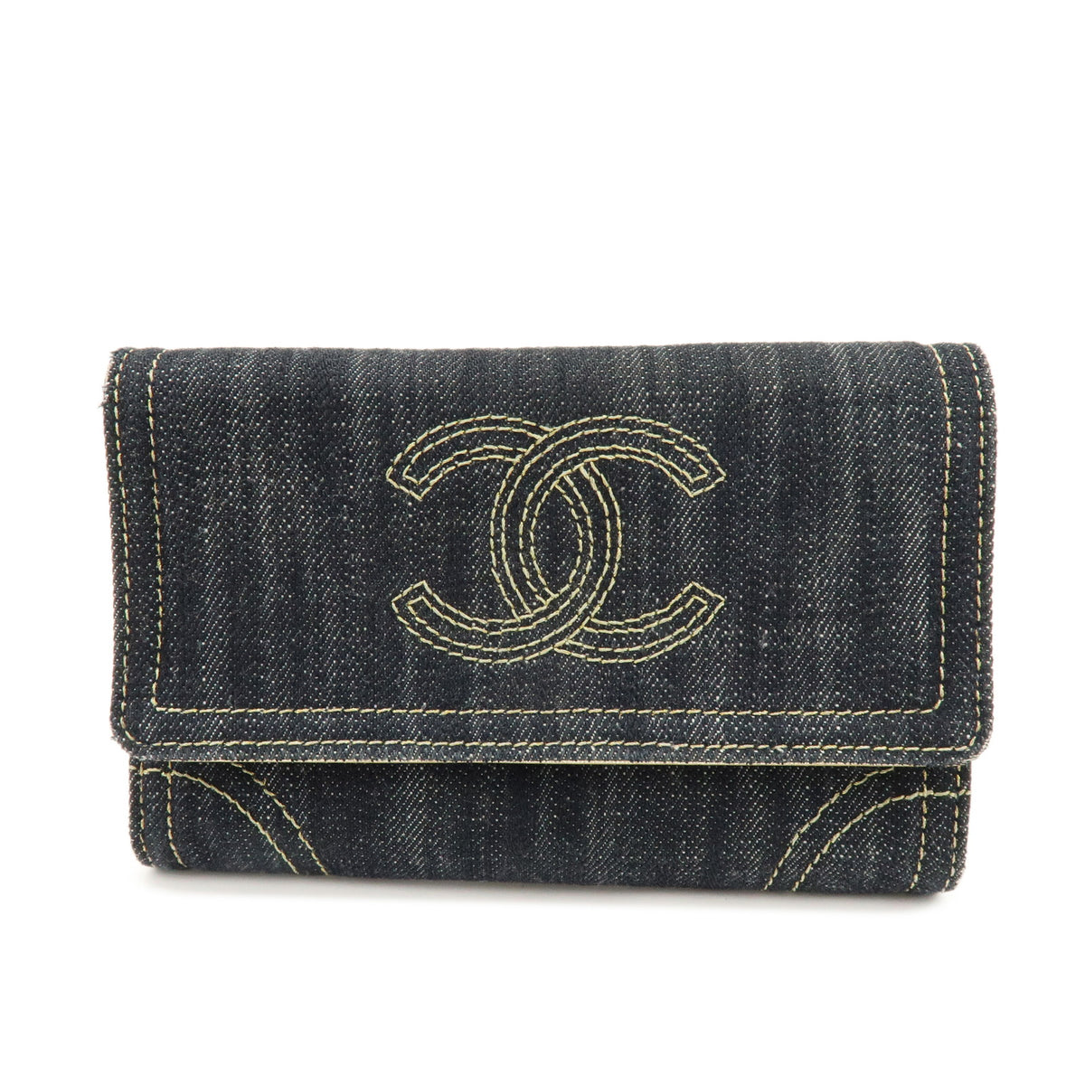 CHANEL COCO Mark Denim Long Wallet Indigo Blue Gold A31991