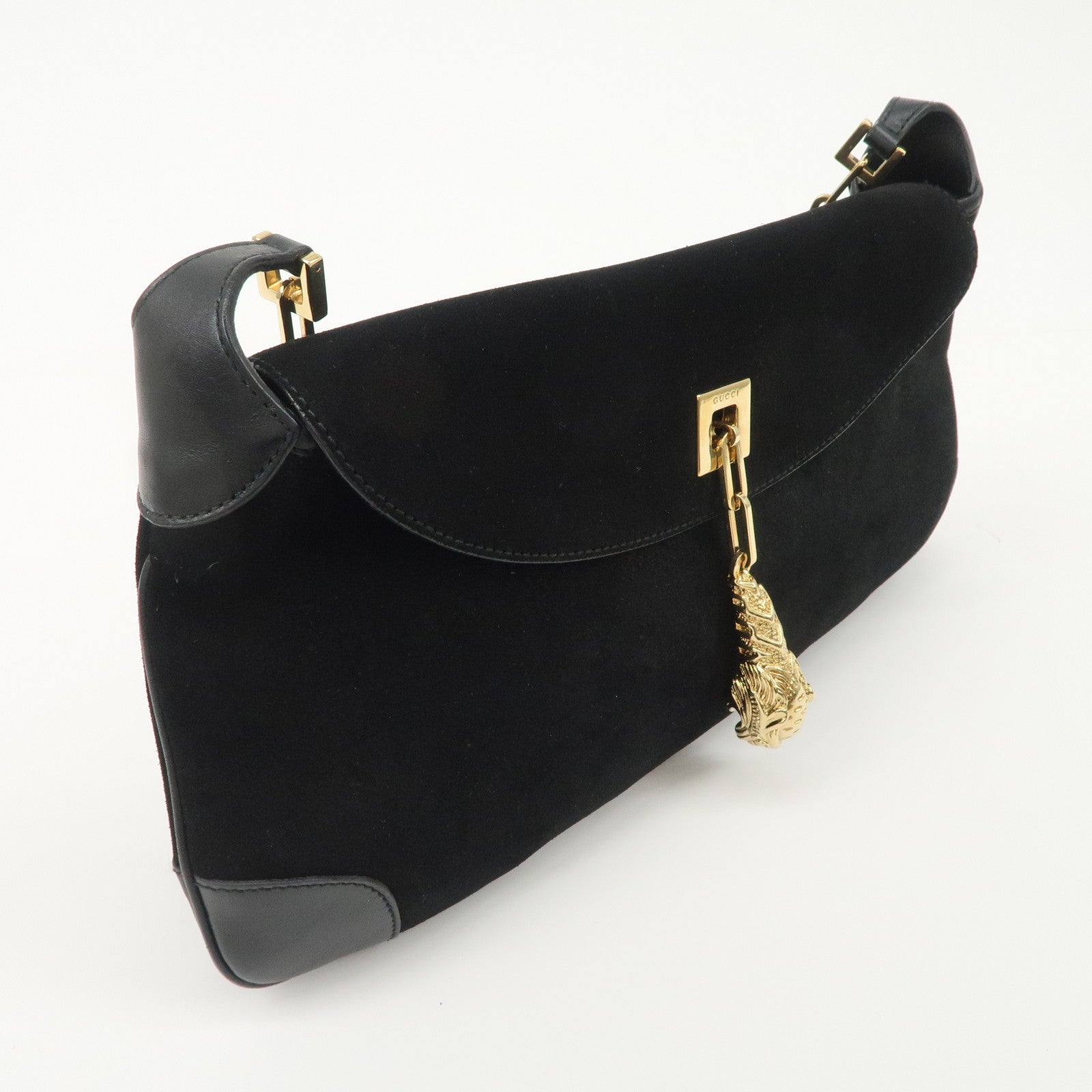 GUCCI Tigar Head Suede Leather Chain Shoulder Bag Black 001.4113 Used
