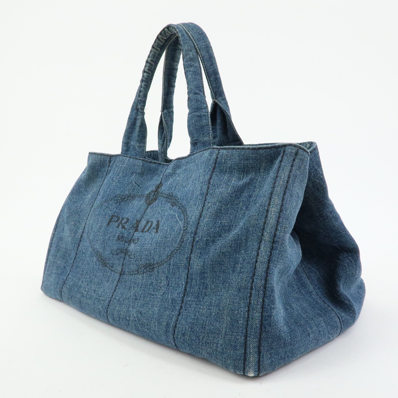 PRADA Triangle Logo Canapa Large Denim Tote Bag Hand Bag B1872B