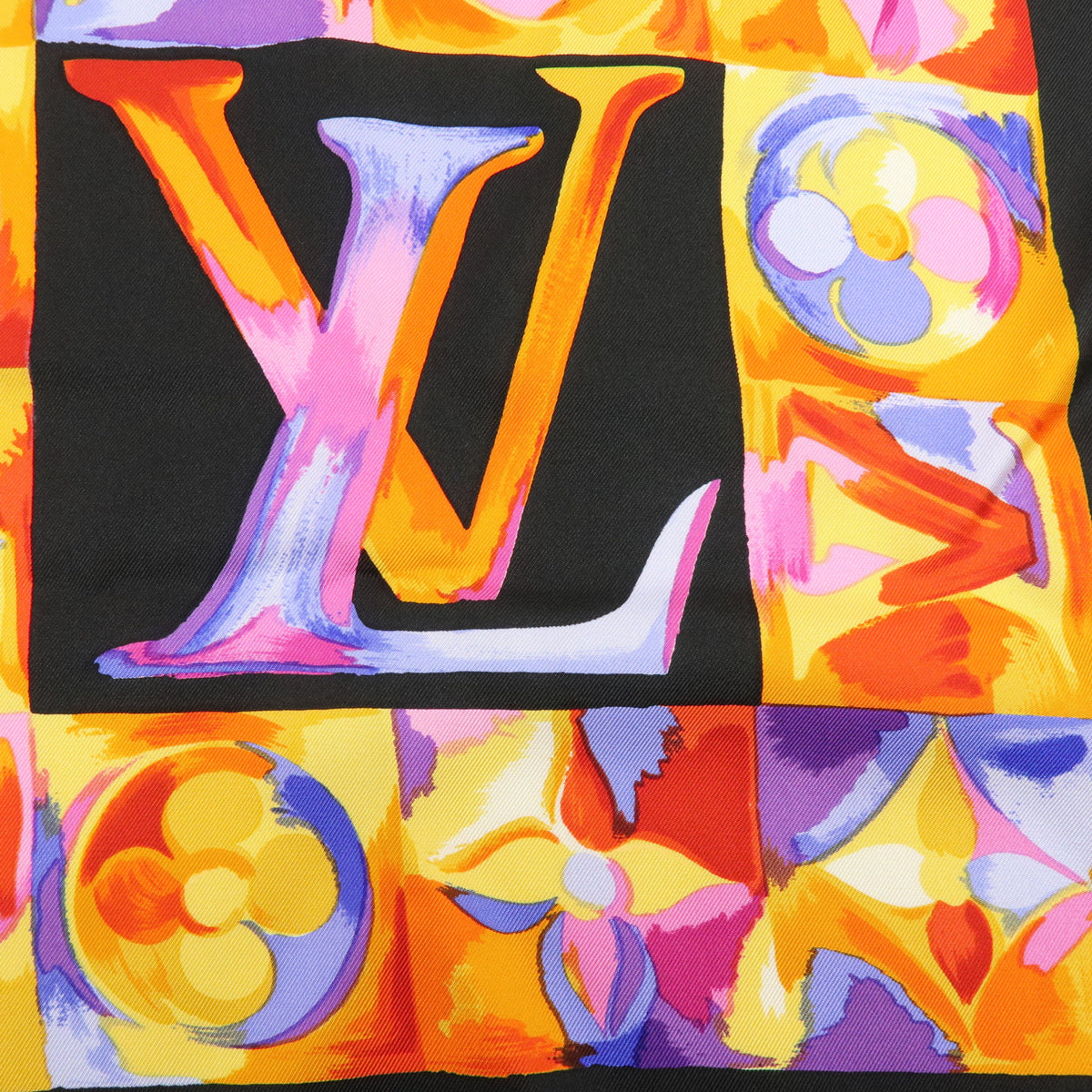 Louis Vuitton Monogram Carre 90 Silk 100% Scarf Au Fil Du Temps black