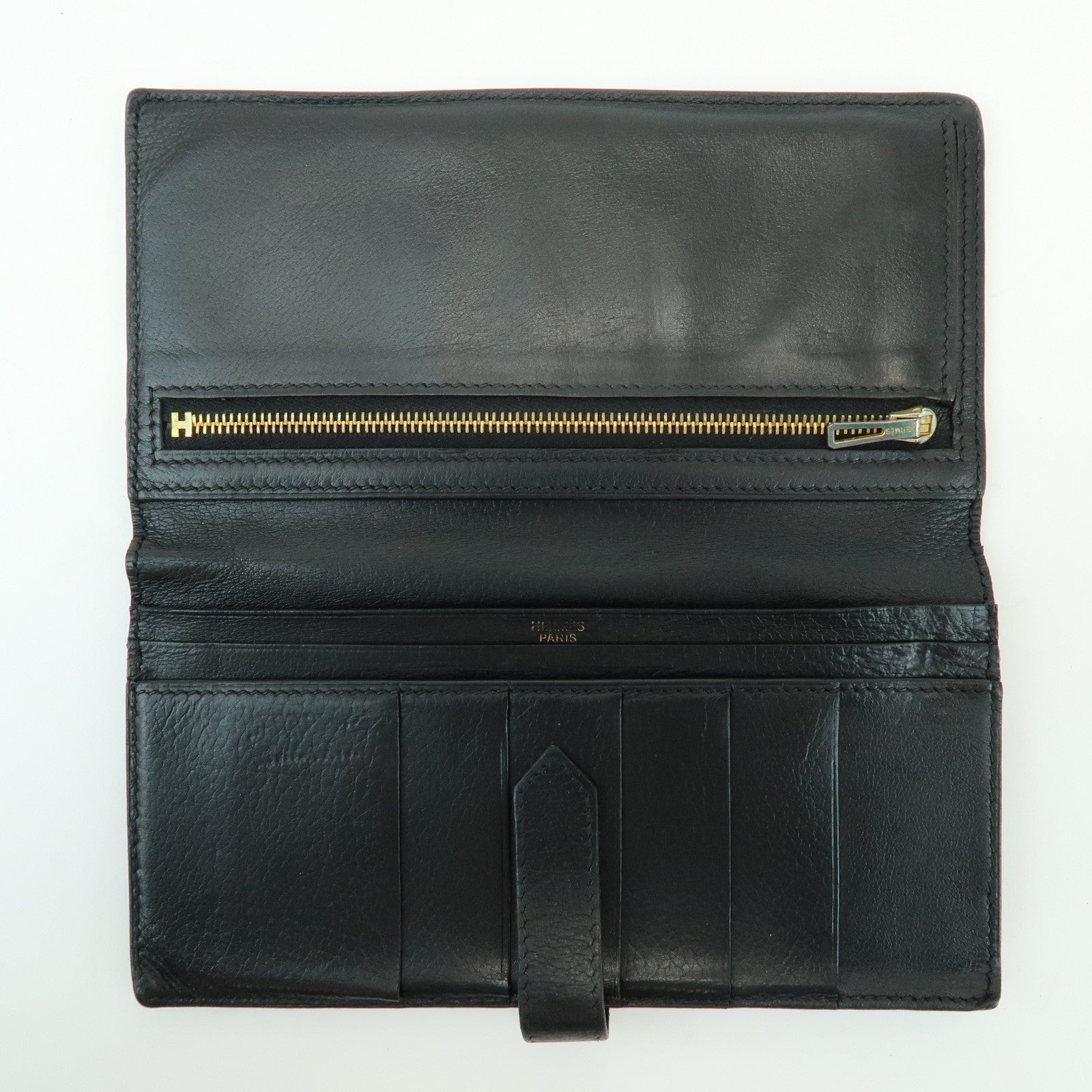 HERMES Bearn Calf Leather Bi-fold Long Wallet □I Stamped Black