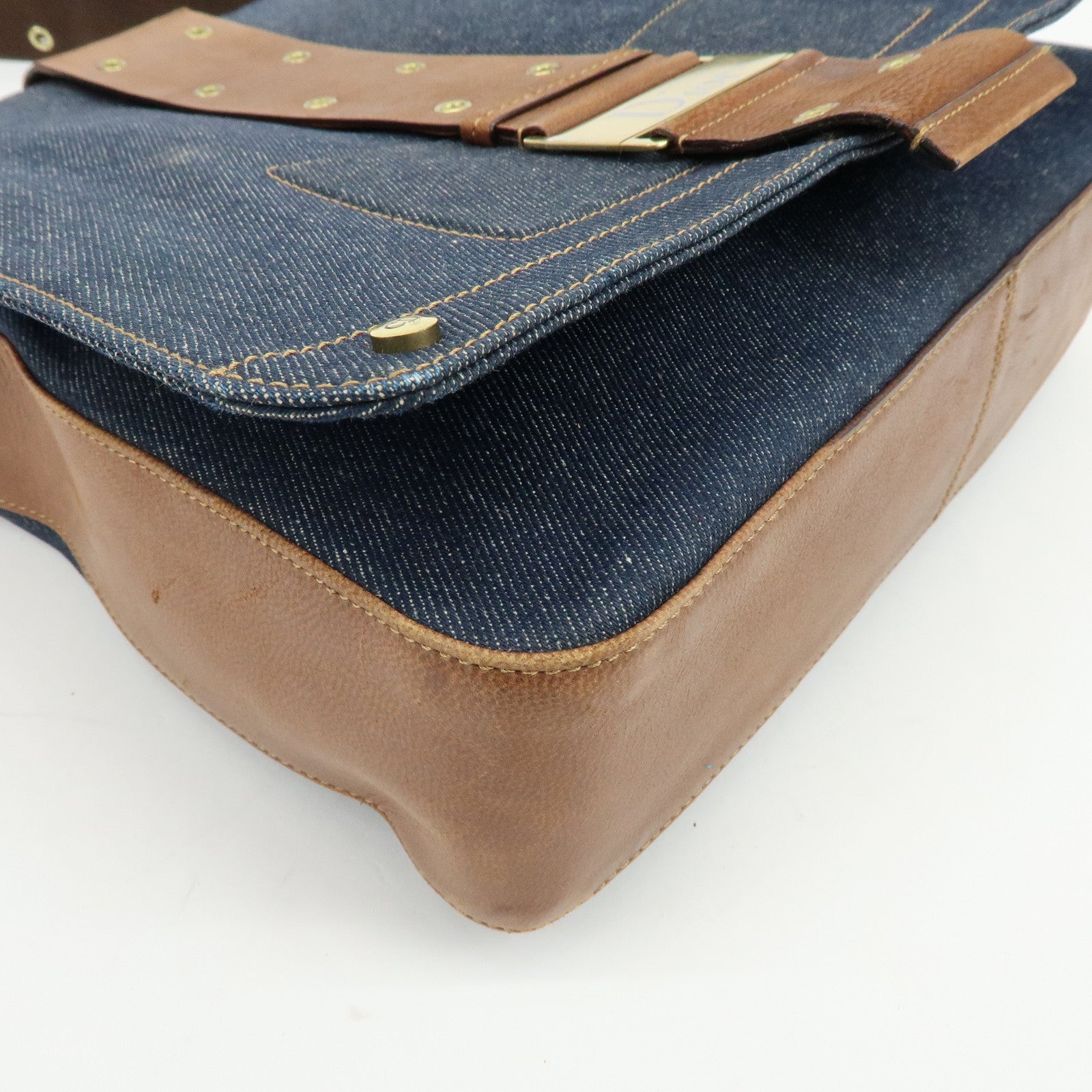 Christian Dior Street Chic Denim Leather Shoulder Bag Indigo Blue Brown
