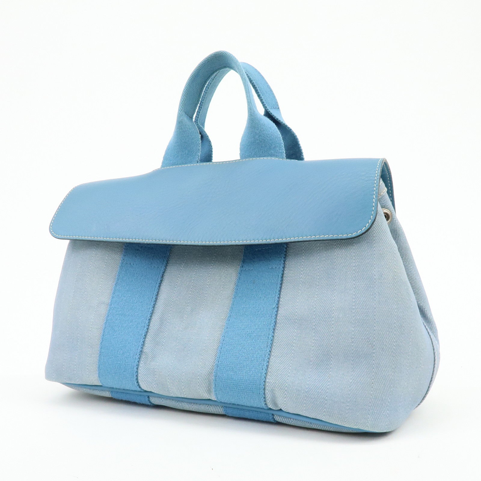 HERMES Valparaiso PM Canvas Leather Tote Hand Bag □K Stamped Blue Jean