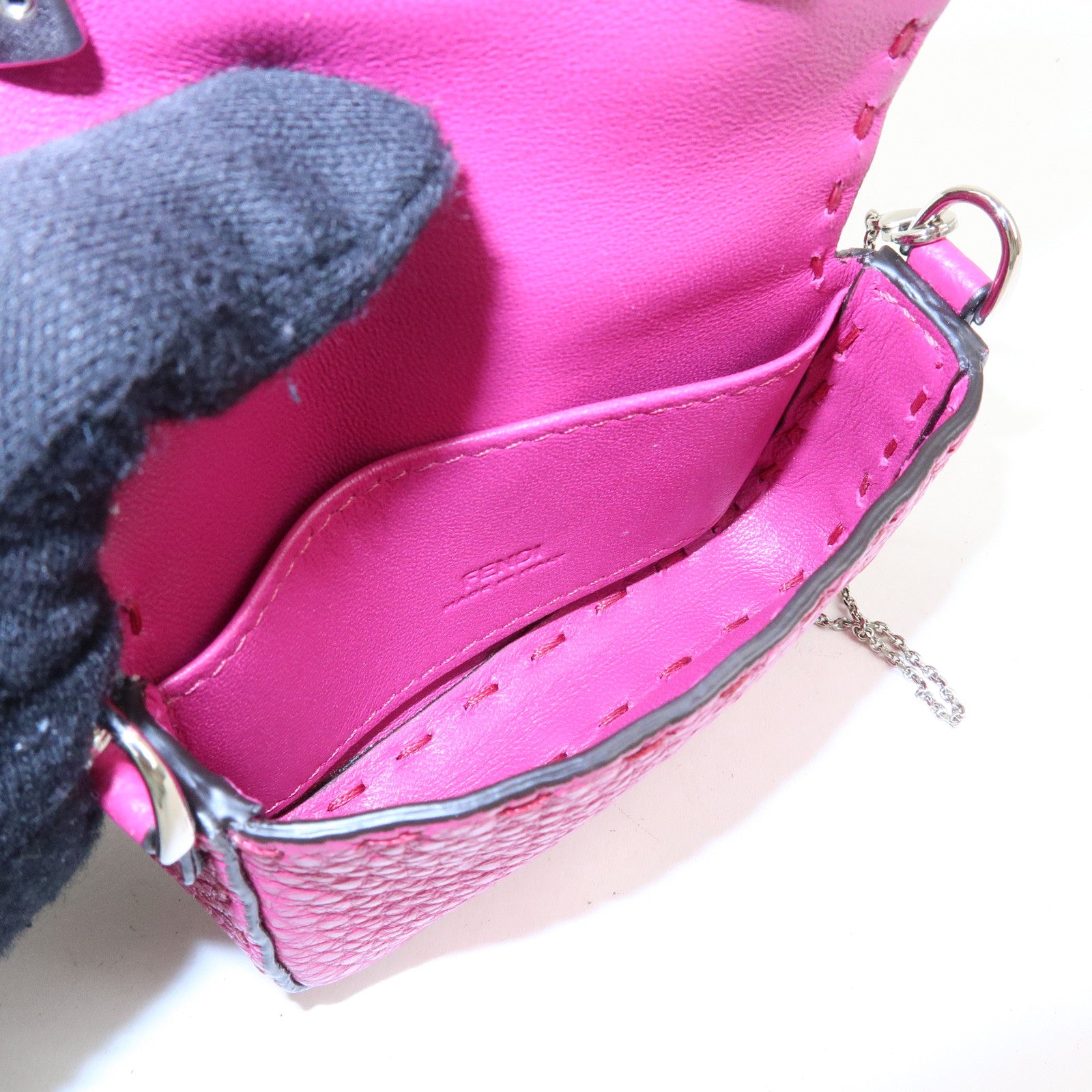FENDI Nano Baguette Leather Mini Chain Shoulder Bag Charm Pink 7AS045