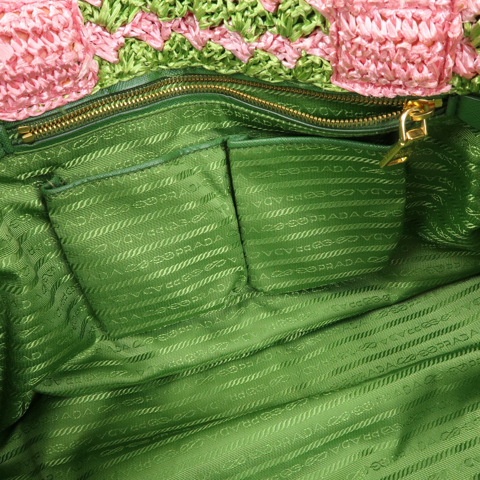 PRADA Triangle Logo Canapa Raffia Tote Bag Hand Bag Pink Green