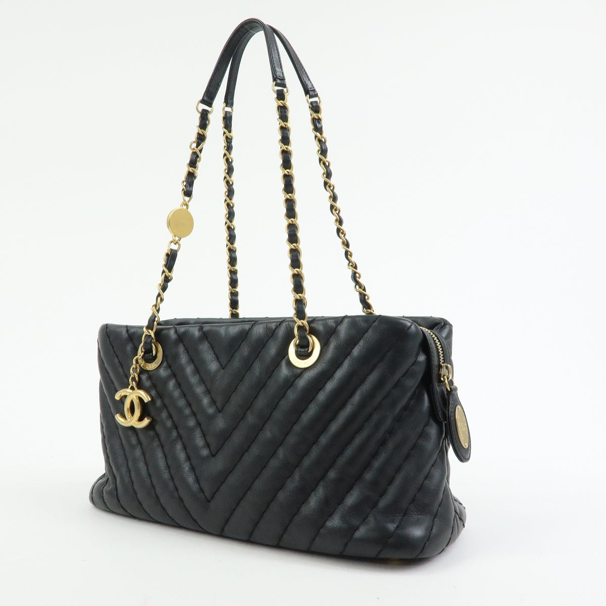 CHANEL Calf Skin V Stich Shevron Chain Shoulder Bag Tote Bag Black