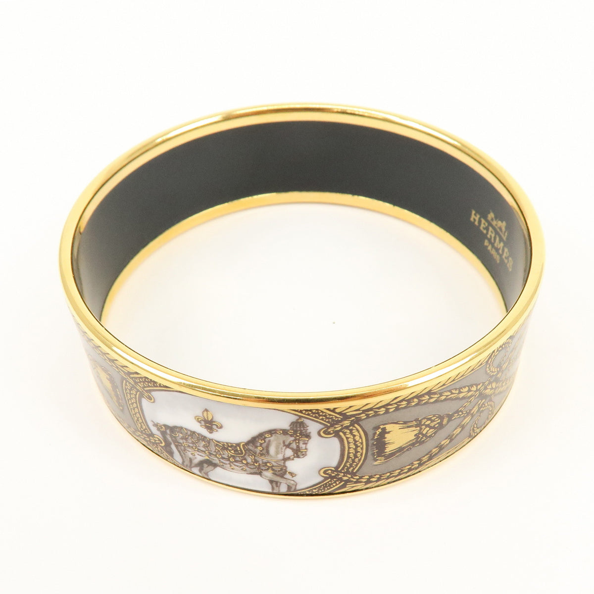 HERMES Email GM Gold Plated Bangle Bracelet Gold Grey White