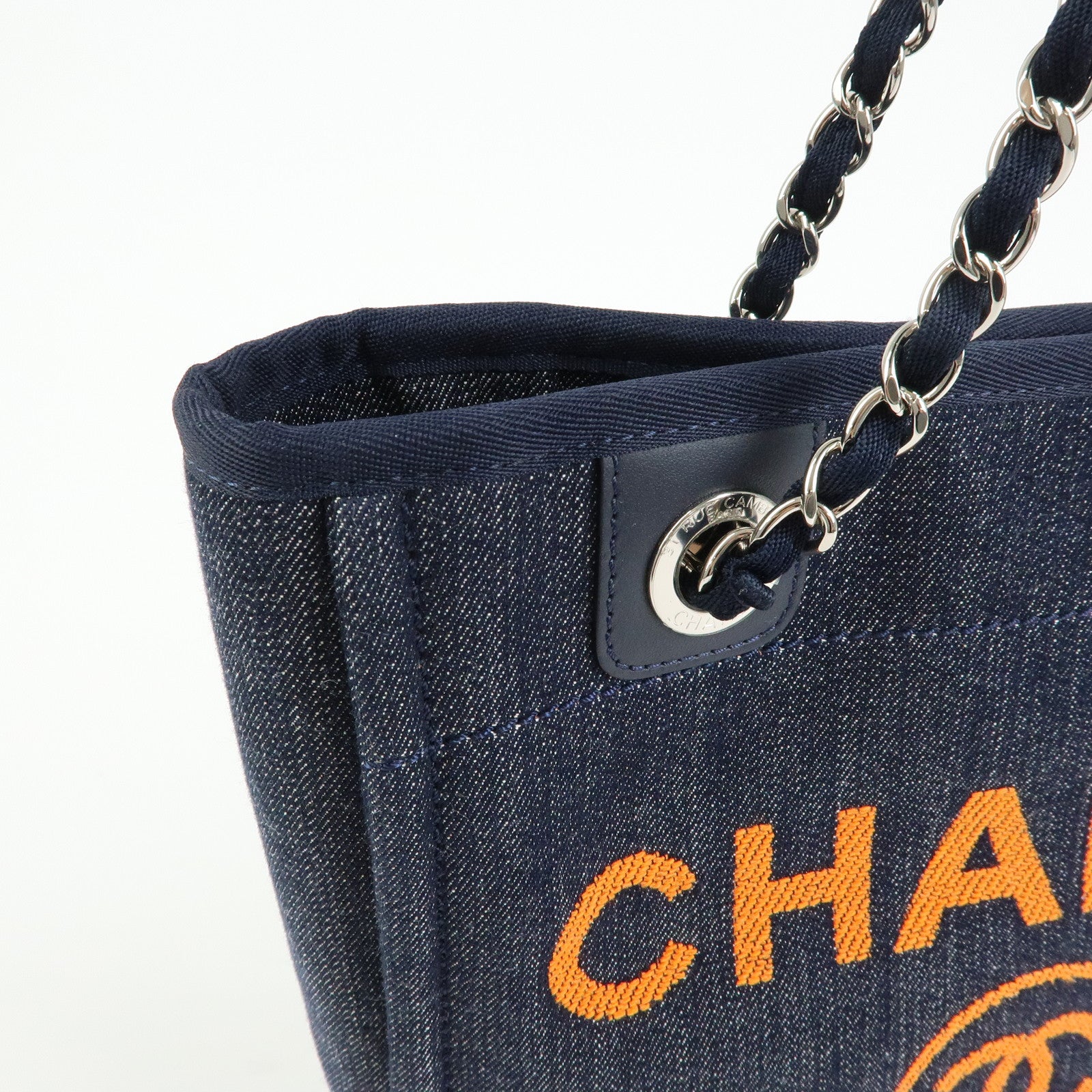 CHANEL Deauville PM Denim Calf Leather Chain Tote Bag Indigo A66939