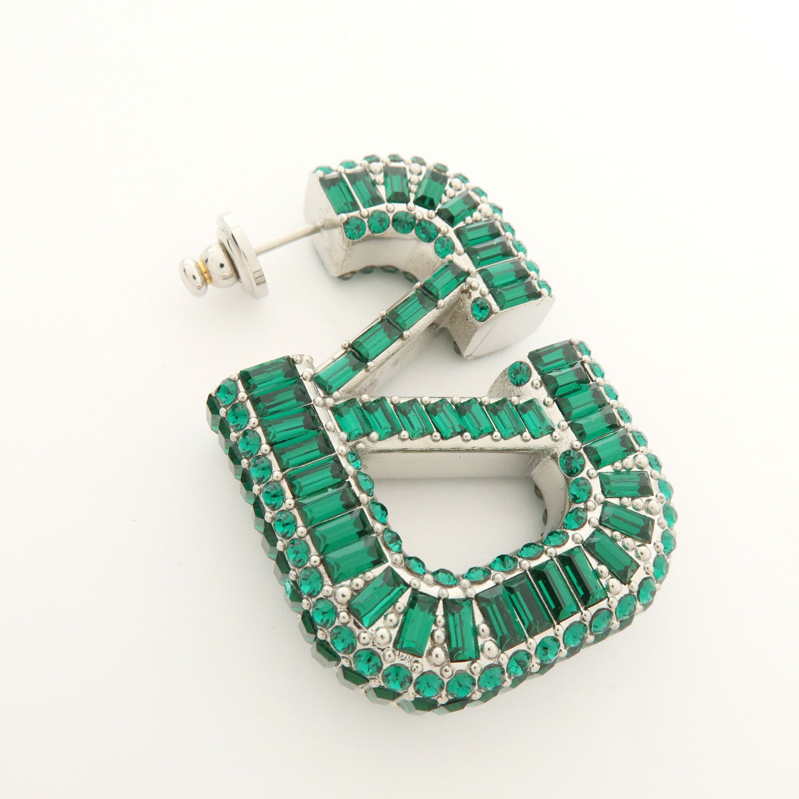 VALENTINO V Logo Signature Metal Rhinestone Earrings Green Silver
