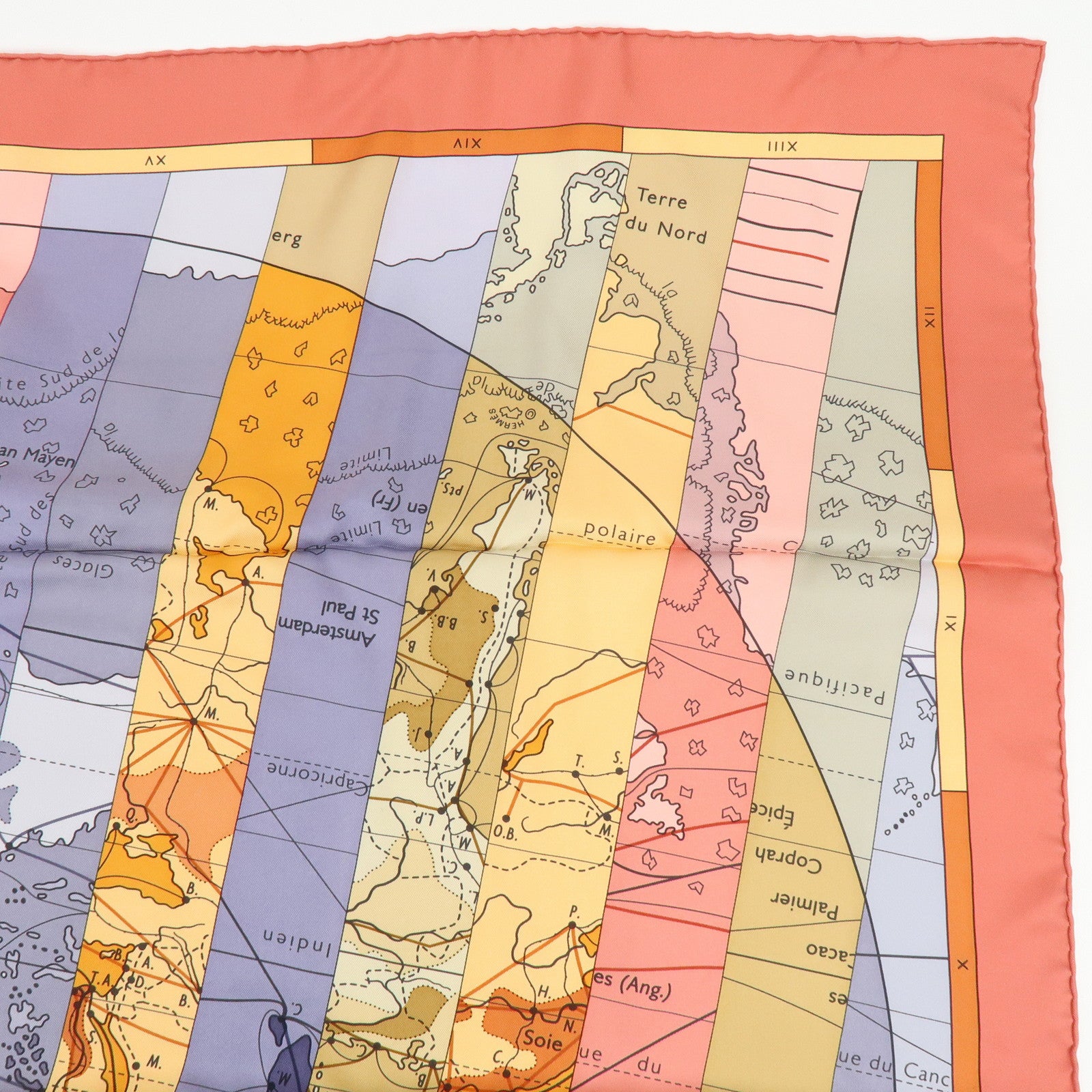 HERMES Carre 90 Silk 100% Scarf LE MONDE EST VASTE Coral Orange
