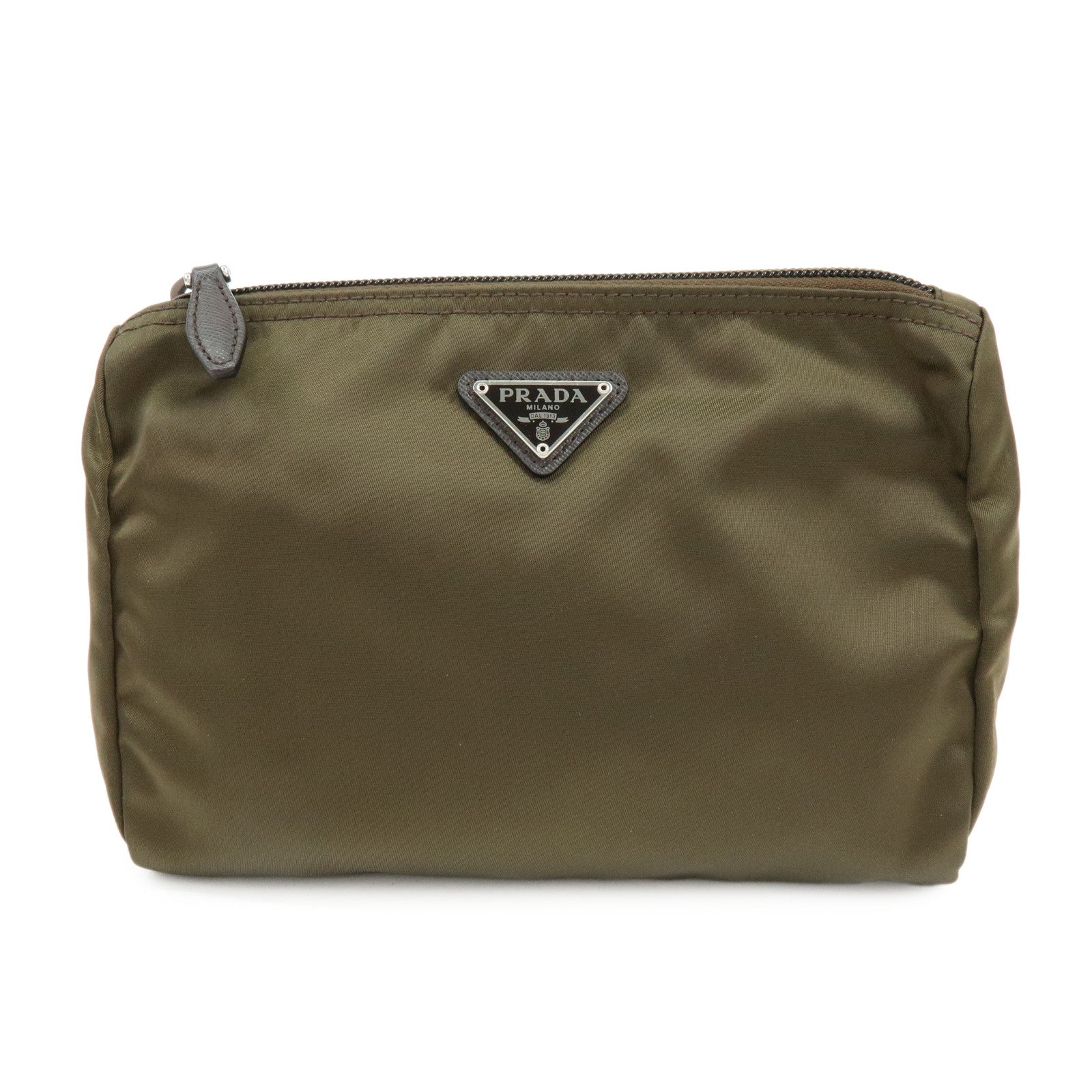PRADA Triangle Logo Nylon Leather Pouch Cosmetic Makeup Bag Khaki