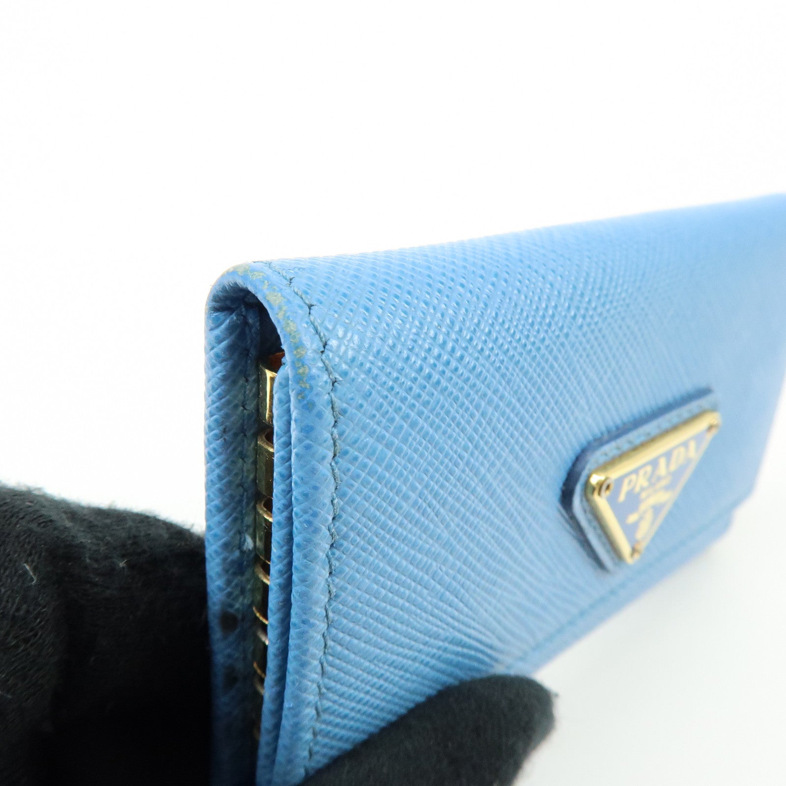 PRADA Triangle Log Saffiano Leather Key Case Key Holder Blue
