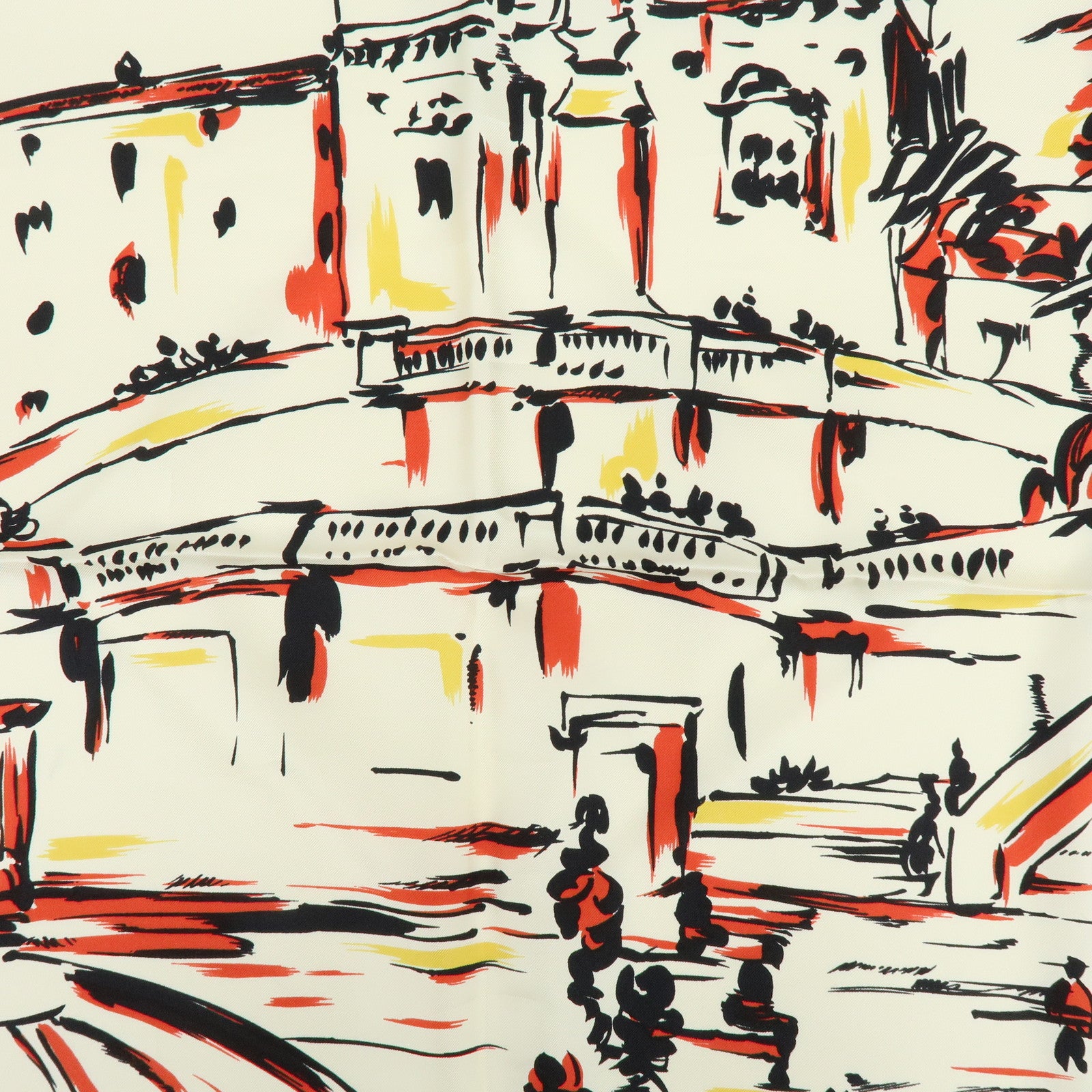 PRADA Silk Townscape Print Scarf Shawl White Black Red Yellow