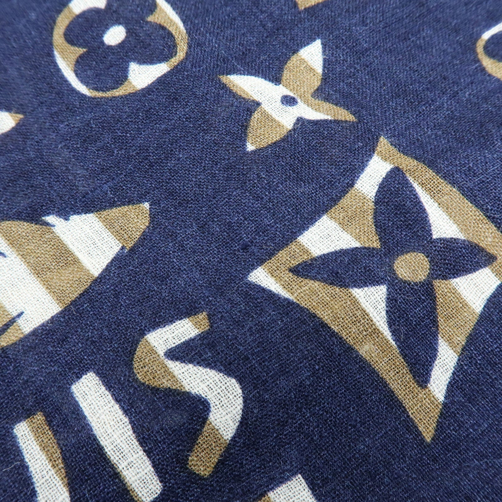 Louis Vuitton Monogram Linen Silk Scarf Shawl Navy Light Brown