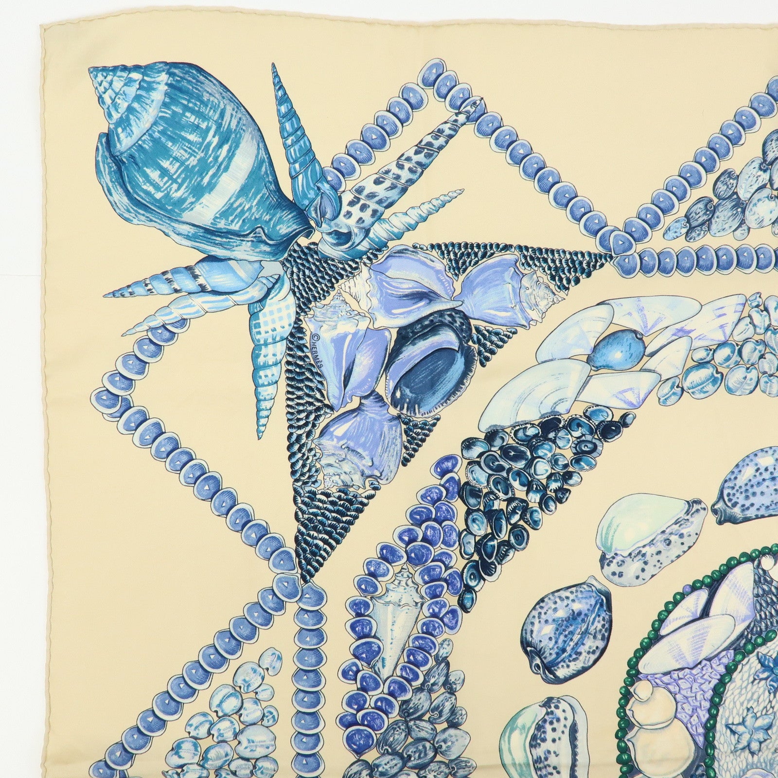 HERMES Carre 90 Silk 100% Scarf Rocaille Seashell Motif Beige Blue