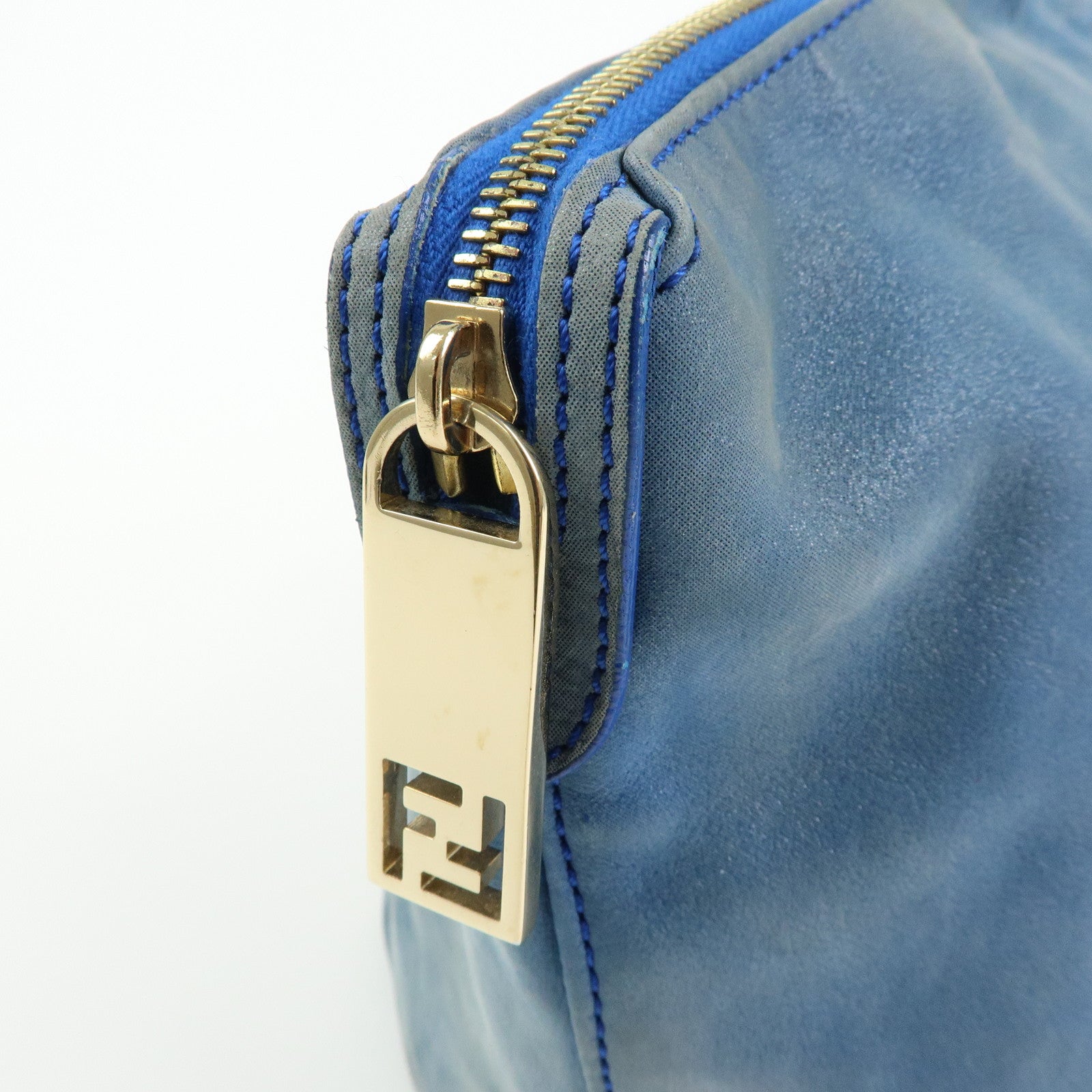 FENDI Lampo Leather Tote Bag Shoulder Bag Blue 8BR636