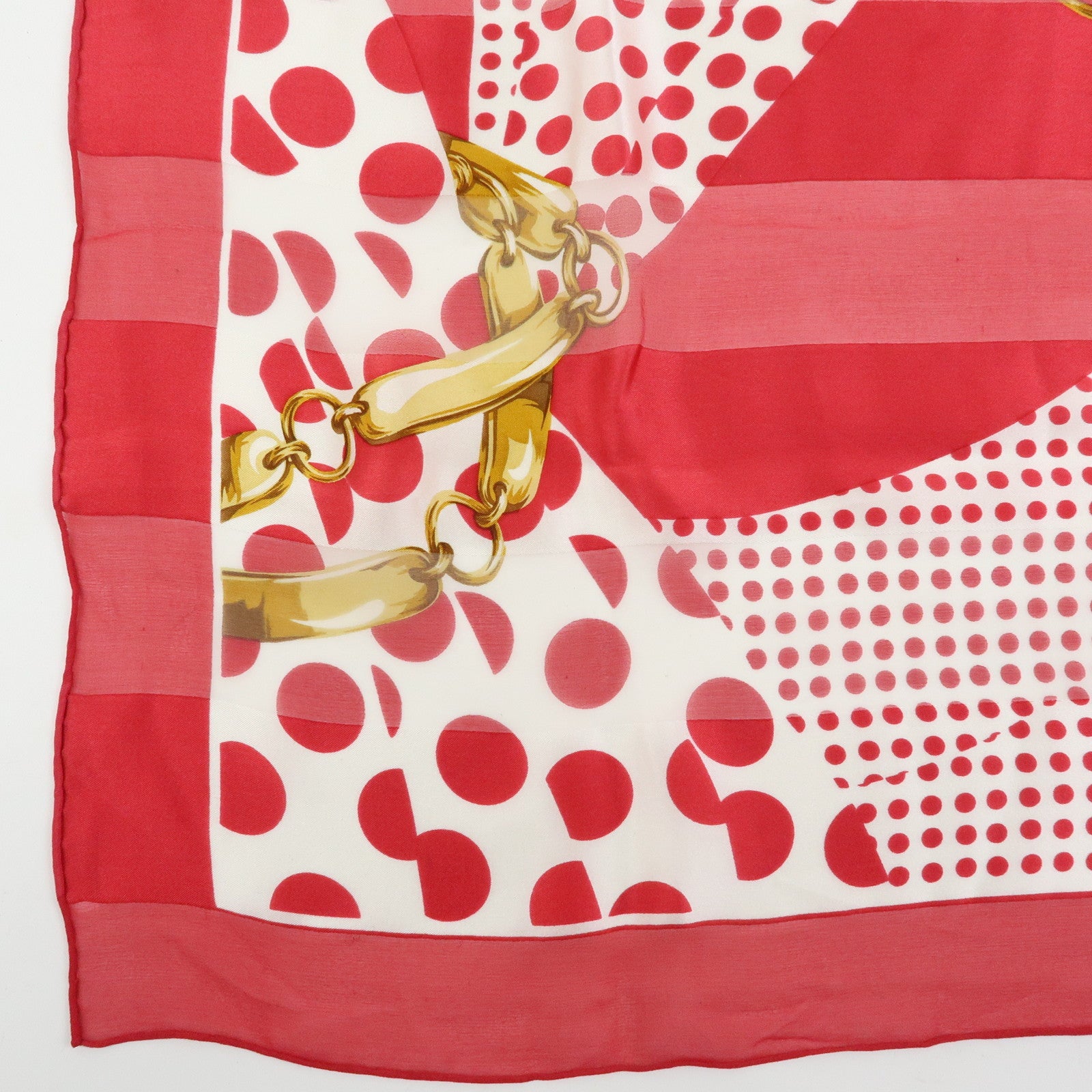 Christian Dior Silk 100% Scarf Chain Motif Dots Red White Gold