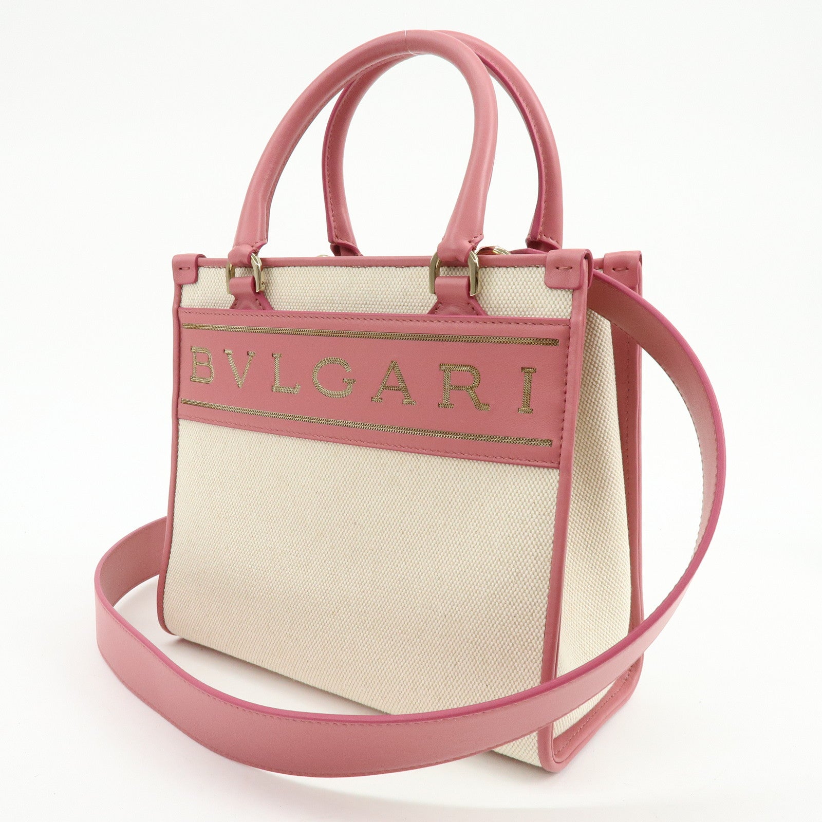 BVLGARI Logo Canvas Leather 2Way Bag Hand Bag Shoulder Bag Pink