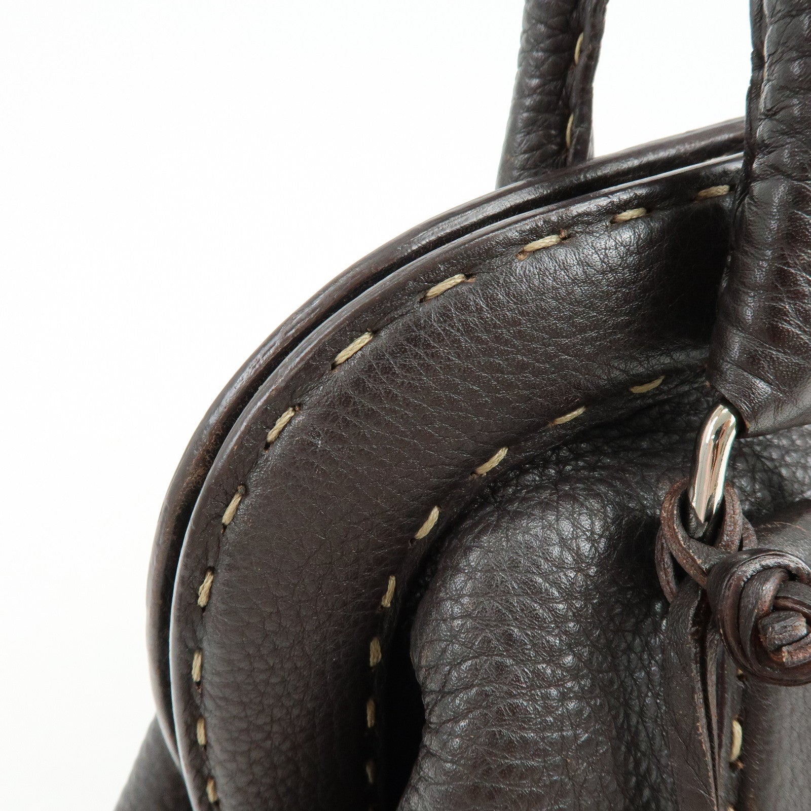 FENDI Selleria Stitches Leather Boston Bag Hand Bag Dark Brown 8BN127
