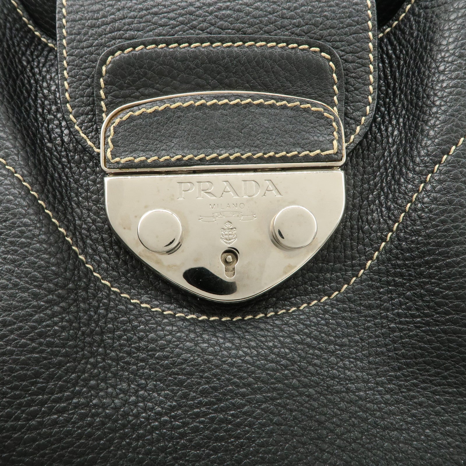 PRADA Logo Leather Shoulder Bag Hand Bag Black Silver Hardware