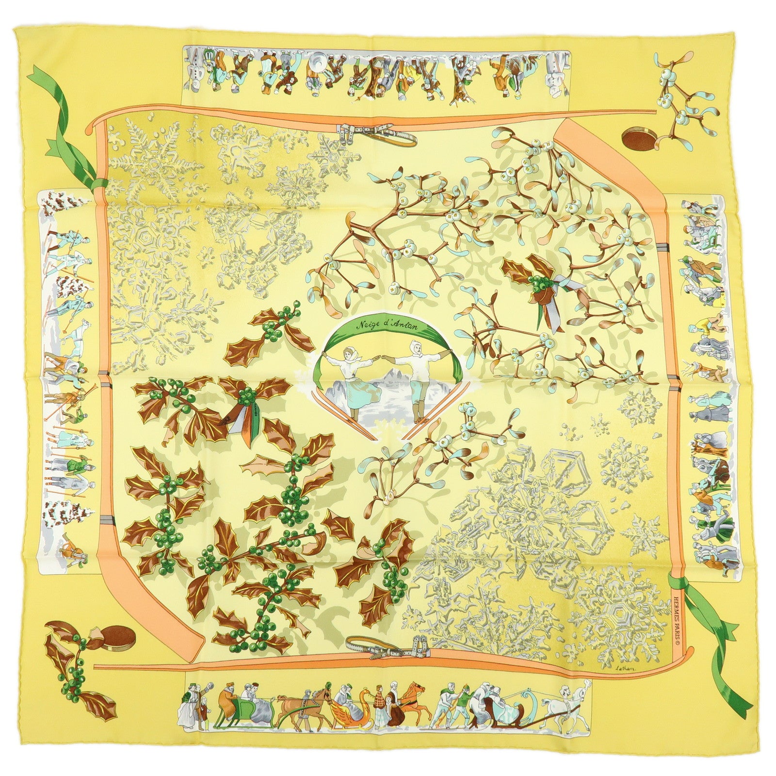 HERMES Carre 90 Silk 100% Scarf Neige d'Antan Yellow