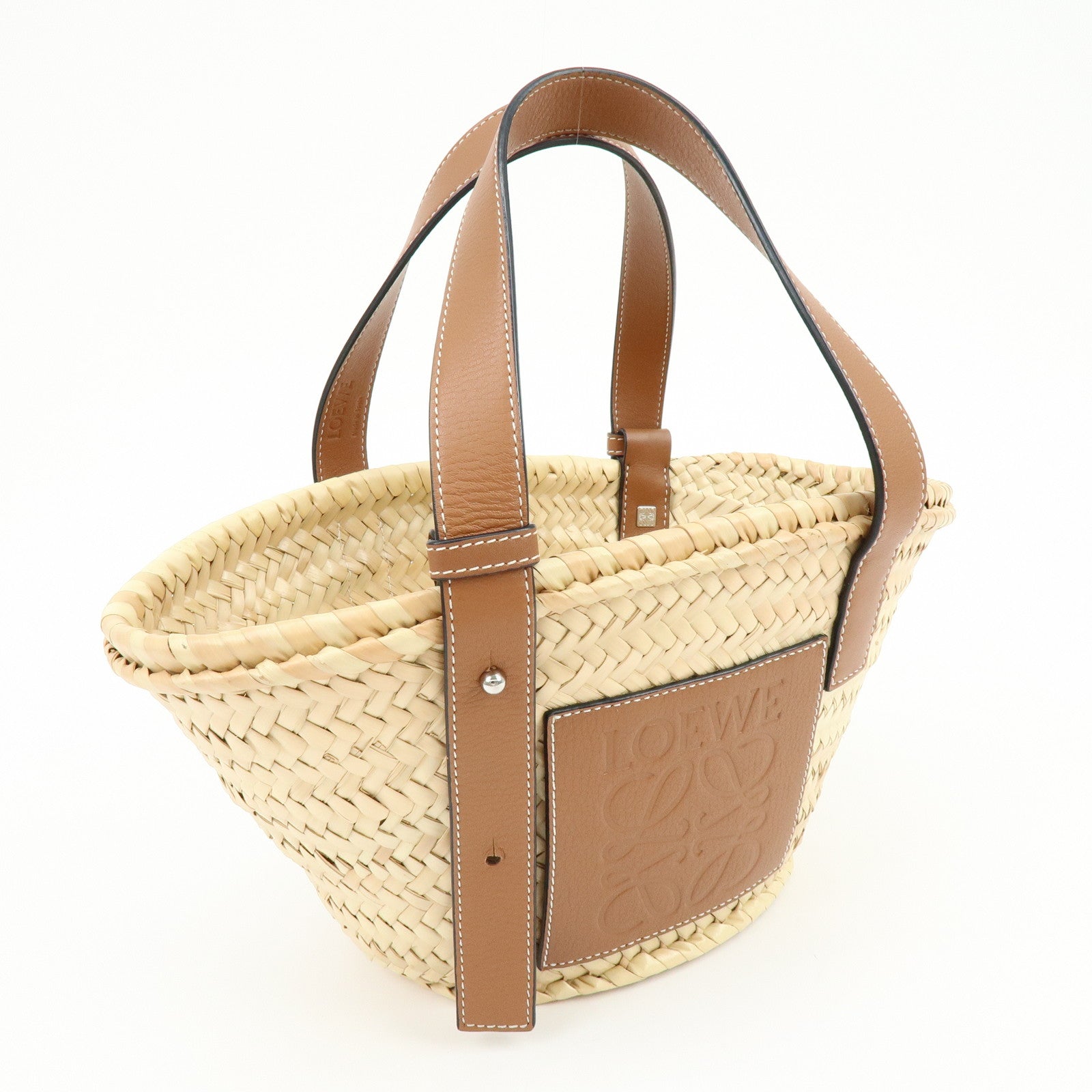 LOEWE Raffia Leather Basket Bag Hand Bag Natural Tan