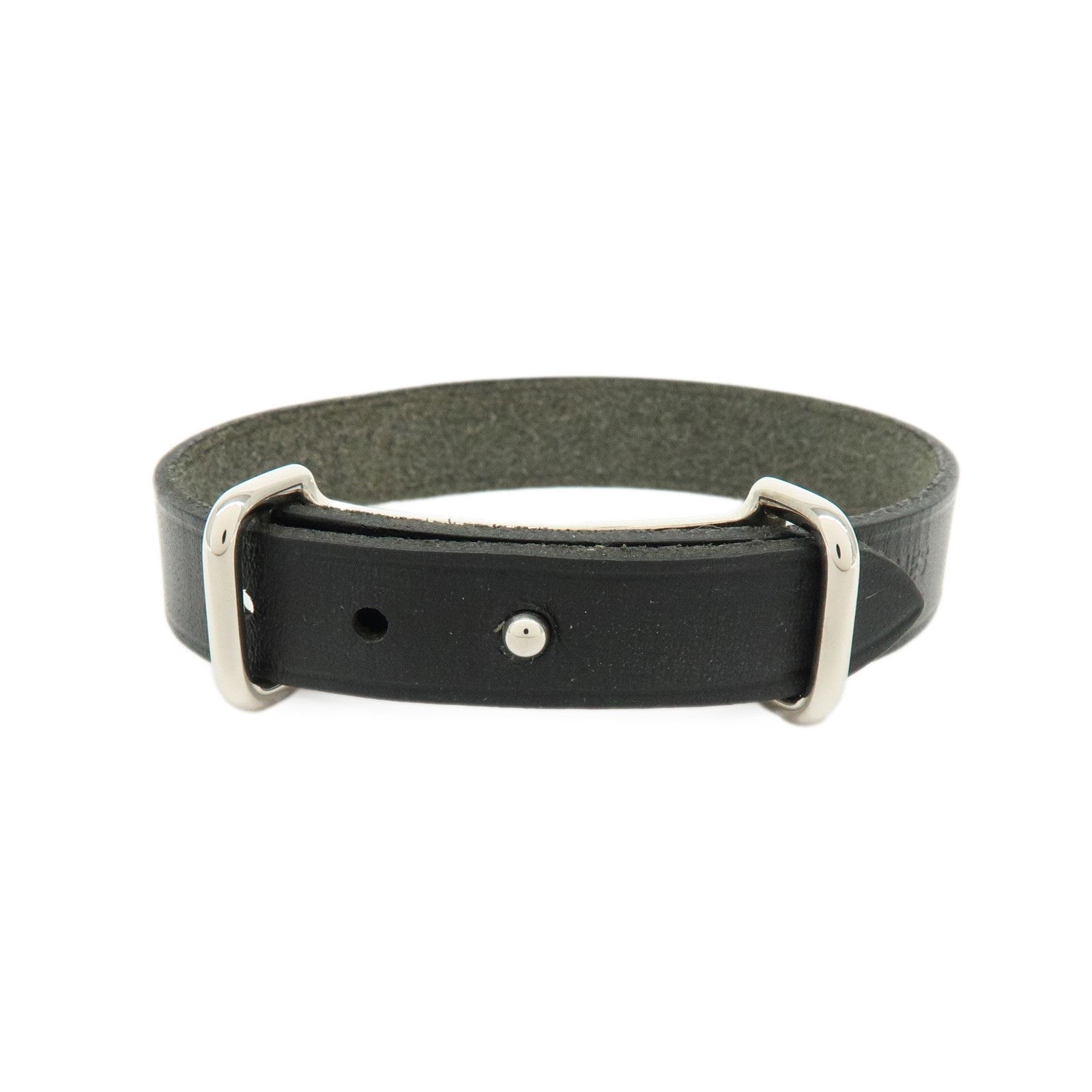 HERMES Api 2 Leather Bracelet Bangle Black □C Stamped Black Silver